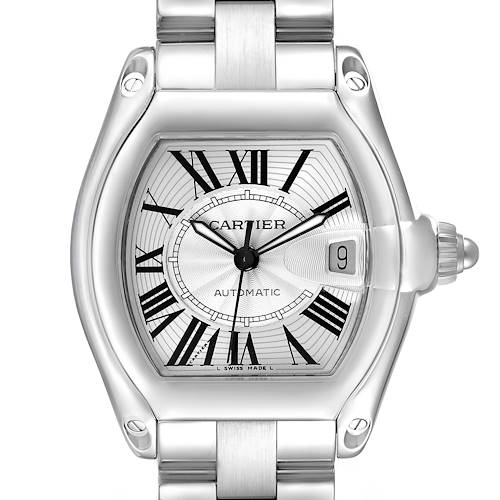 The Cartier Roadster W62025V3 Men's Stainless Steel Silver Dial watch is shown from the front, highlighting the face, crown, and part of the metal bracelet.