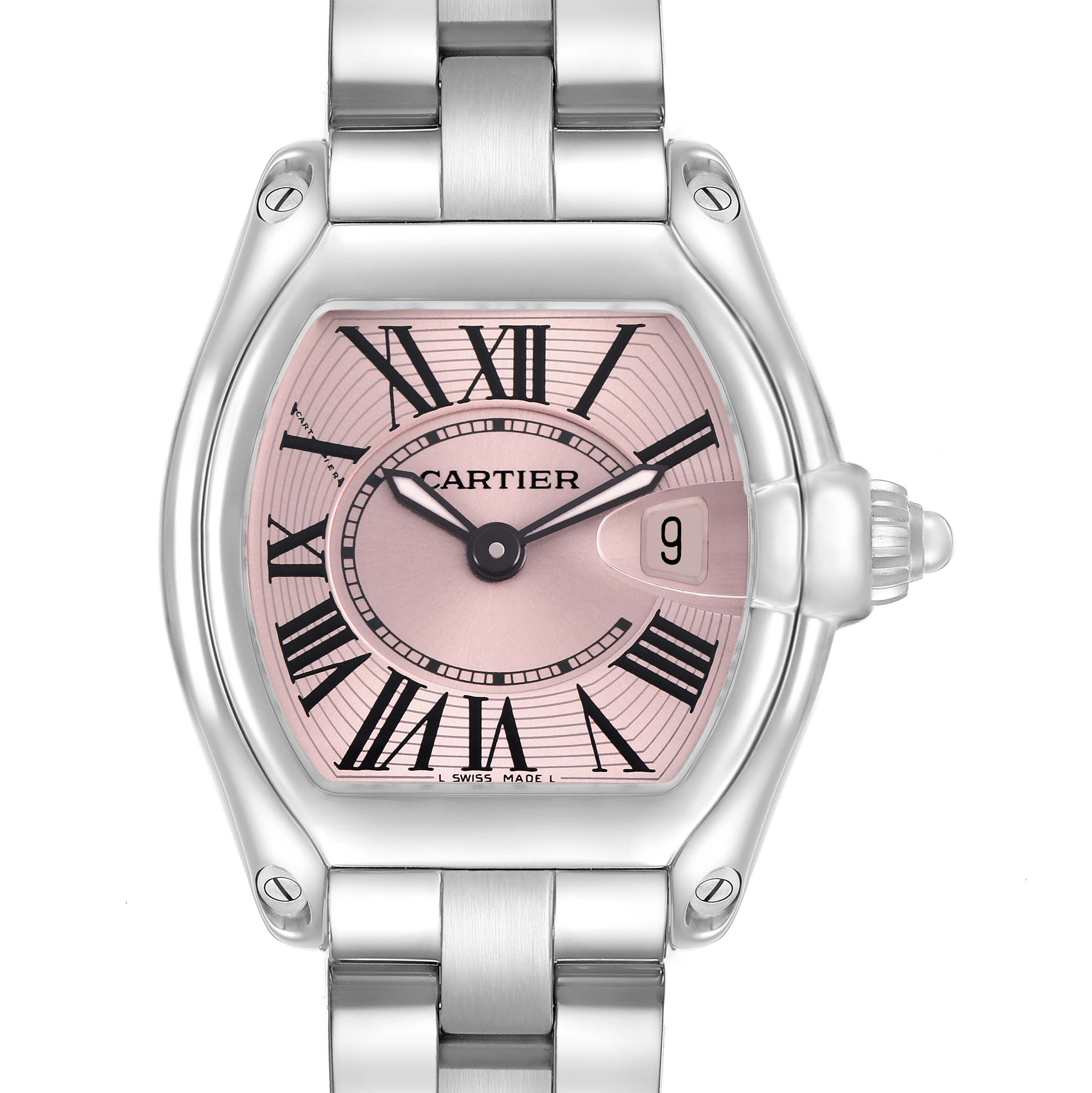 The Cartier Roadster W62017V3 Women's Stainless Steel Pink Dial watch is shown from a frontal angle, highlighting its pink dial, Roman numerals, and steel bracelet.