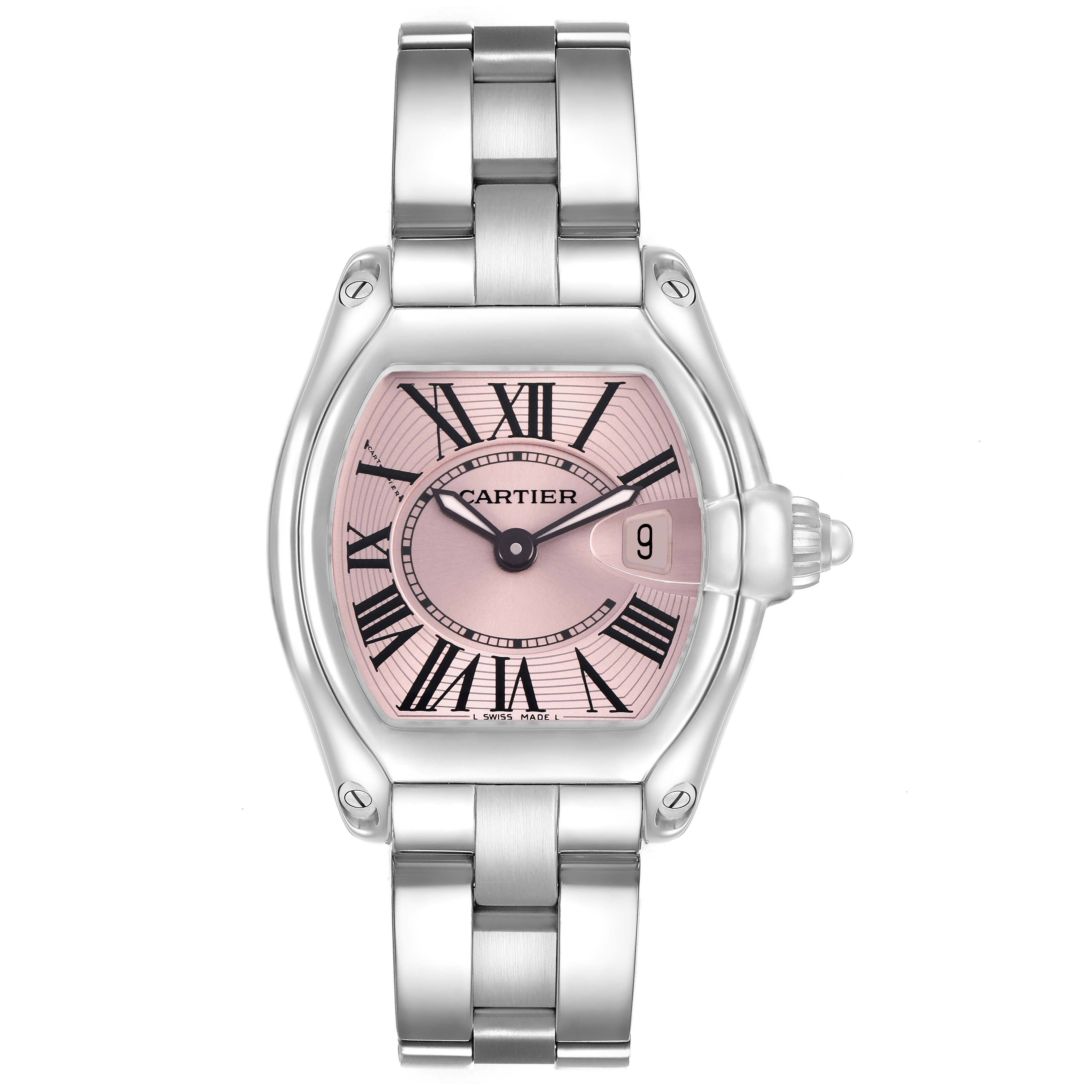 This Cartier Roadster W62017V3 Women's Stainless Steel Pink Dial watch is shown from a top-down angle, highlighting the pink dial, Roman numerals, and silver bracelet.