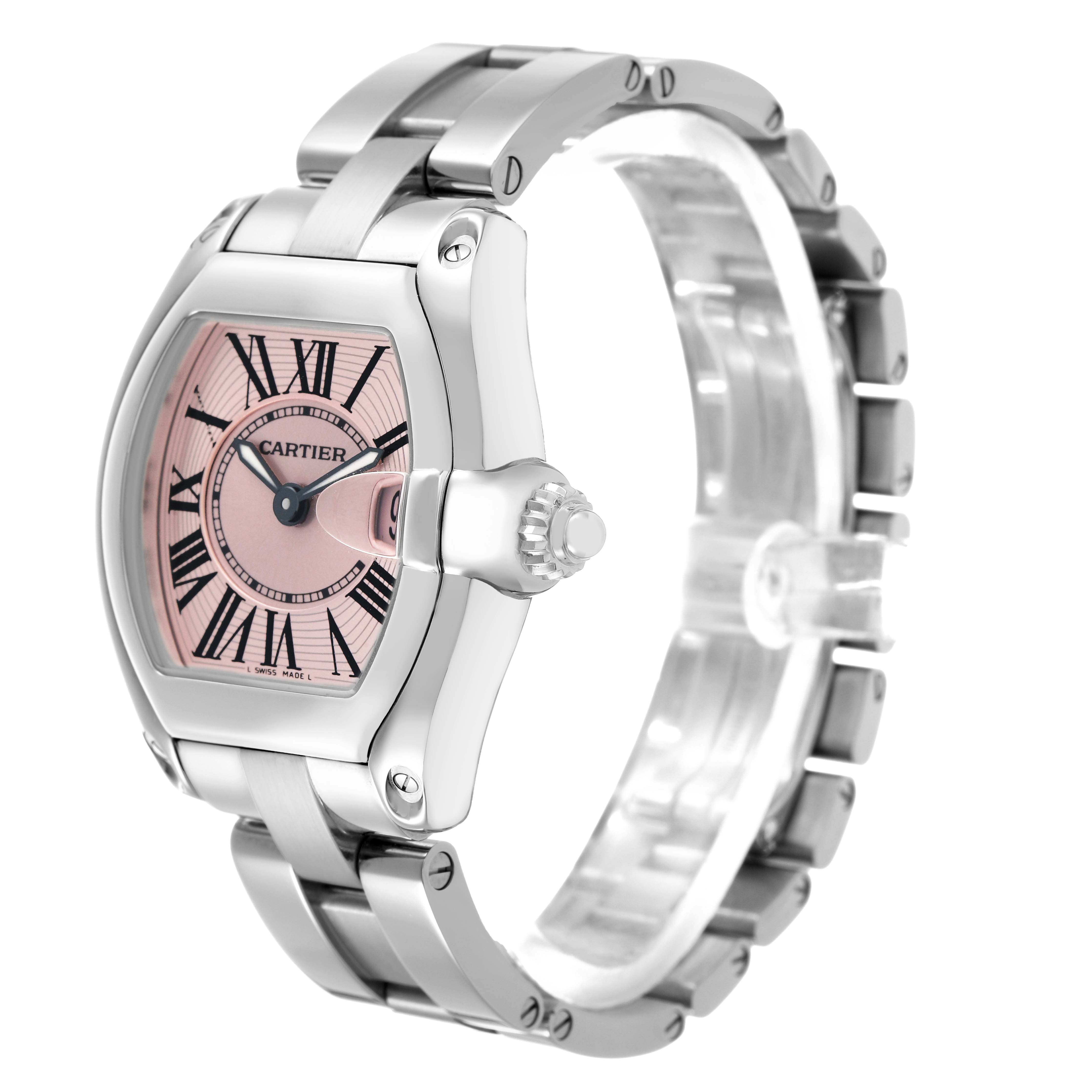 The Cartier Roadster W62017V3 Women's Stainless Steel Pink Dial watch is shown from a three-quarter angle, highlighting its face, bezel, crown, and bracelet links.