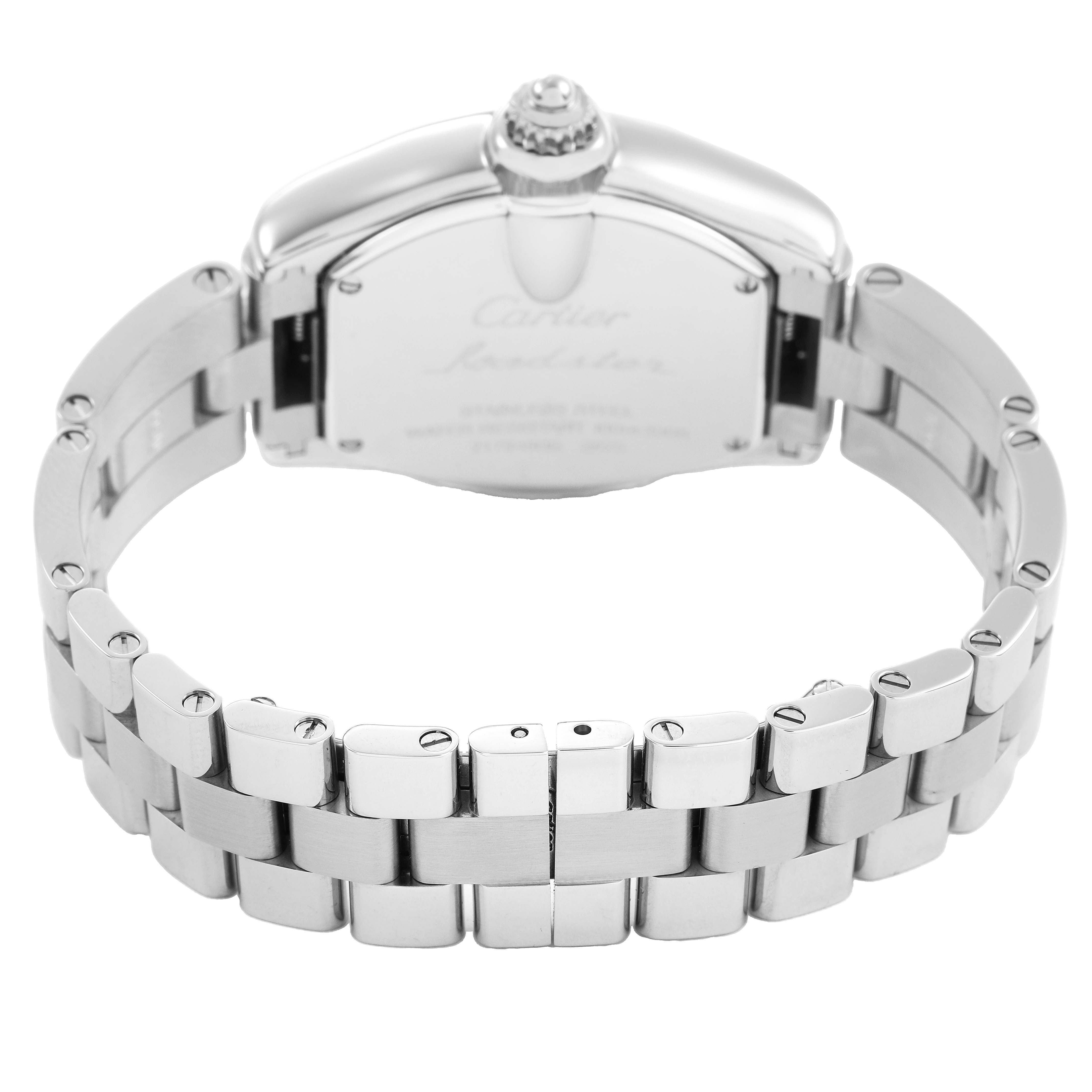 The Cartier Roadster W62017V3 Women's Stainless Steel Pink Dial watch is shown from the back, highlighting the clasp and bracelet links.