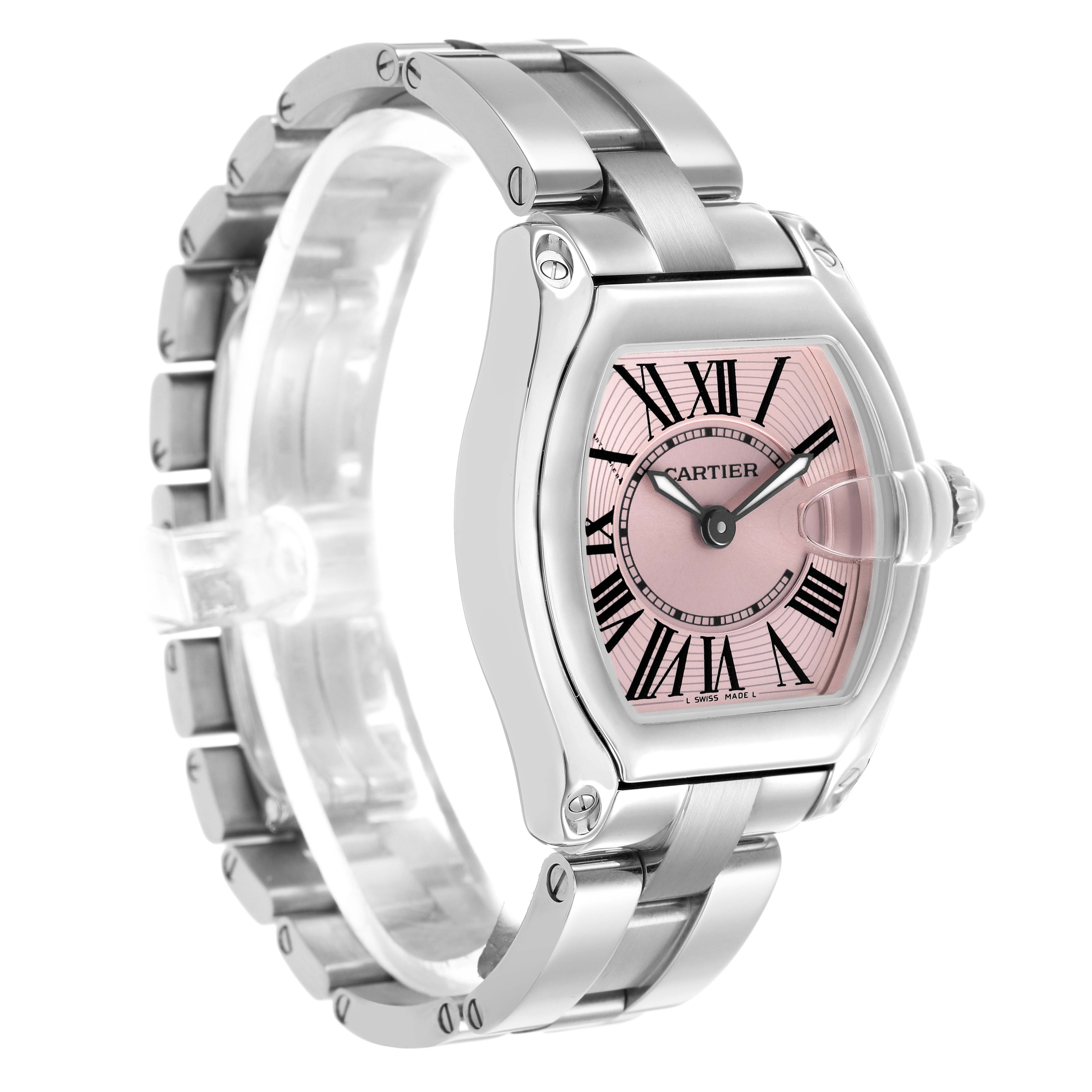 The Cartier Roadster W62017V3 Women's Stainless Steel Pink Dial watch is shown at an angled view, highlighting its pink dial, Roman numerals, and silver bracelet.