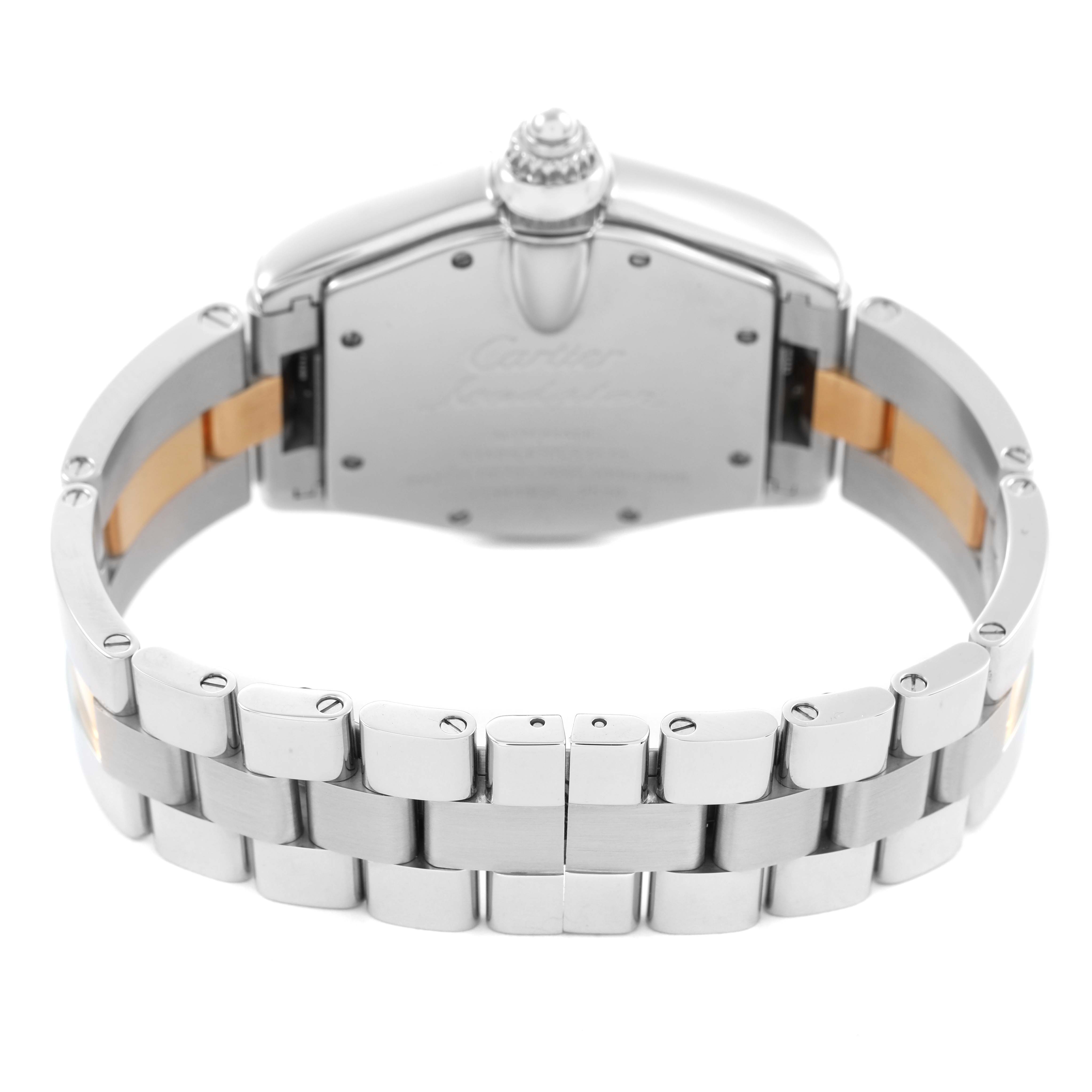 The image shows the back view of a Cartier Roadster W62031Y4 Men's Stainless Steel Silver Dial watch, highlighting the bracelet and case.