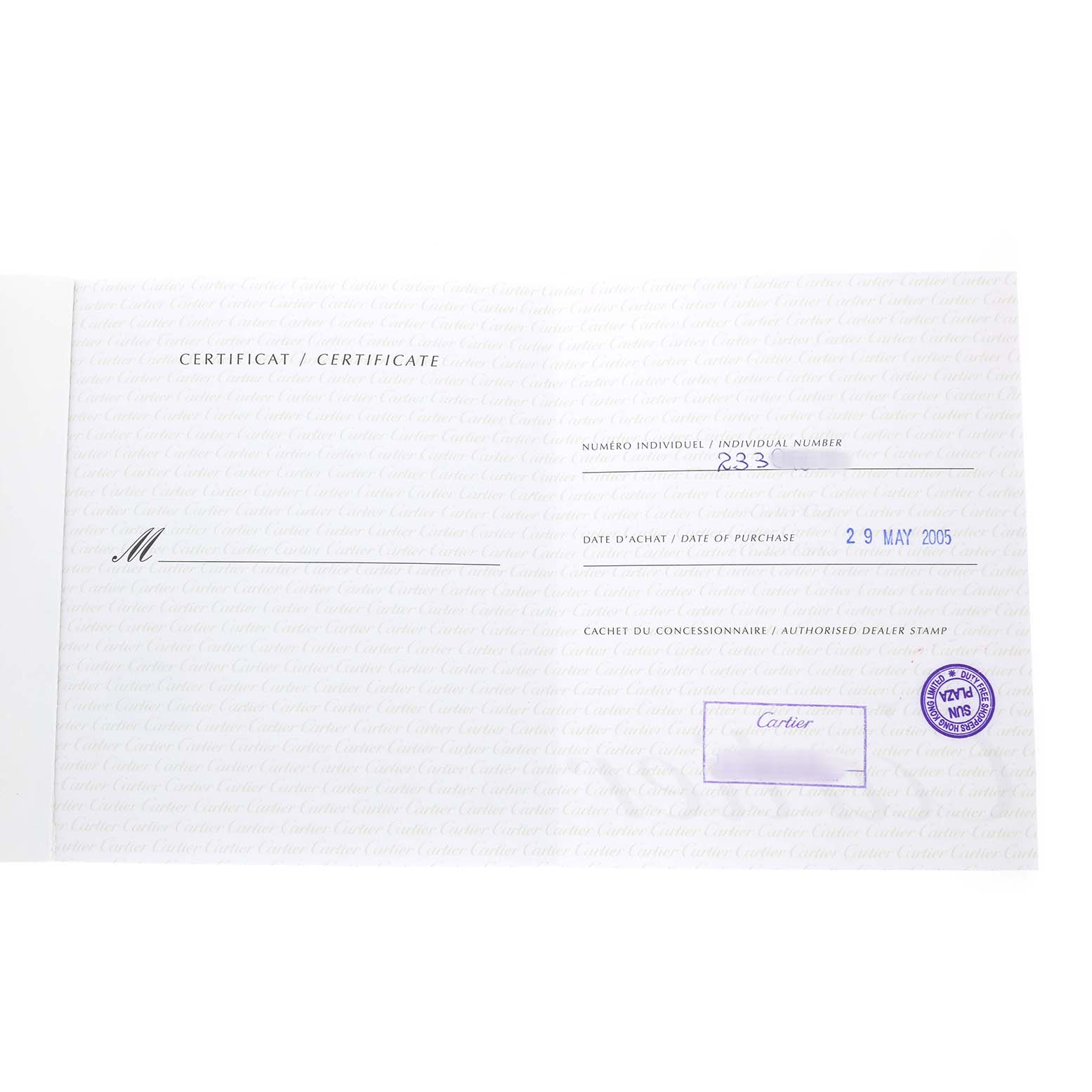 This image shows a certificate for the Cartier Roadster W62031Y4 Men's Stainless Steel Silver Dial watch, including individual number and purchase date details.