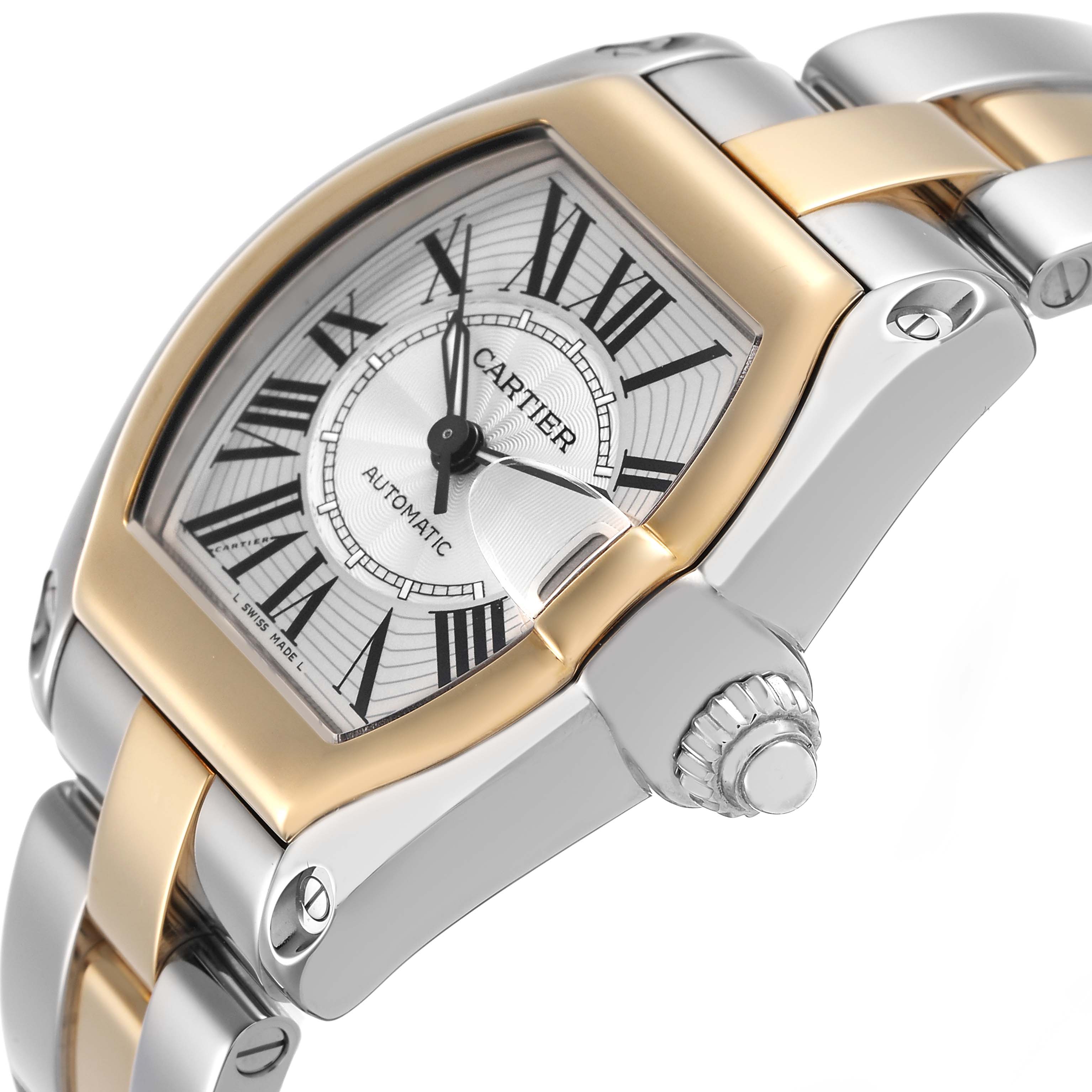 The Cartier Roadster W62031Y4 Men's Stainless Steel Silver Dial watch is shown at an angle highlighting the dial, case, bezel, bracelet, and crown.