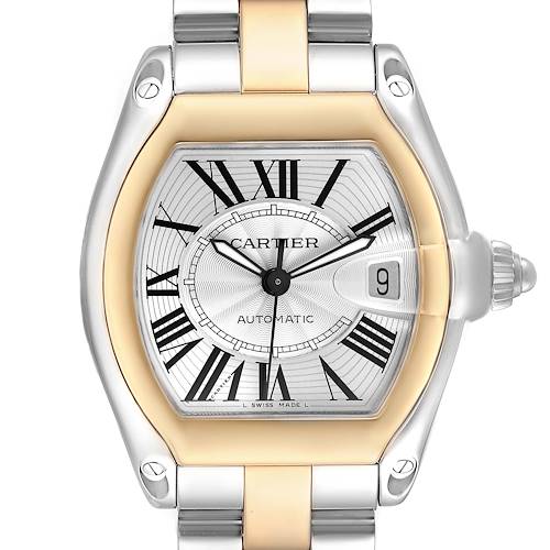 The Cartier Roadster W62031Y4 Men's Stainless Steel Silver Dial watch is shown from a front angle, highlighting the dial, bezel, crown, and part of the bracelet.