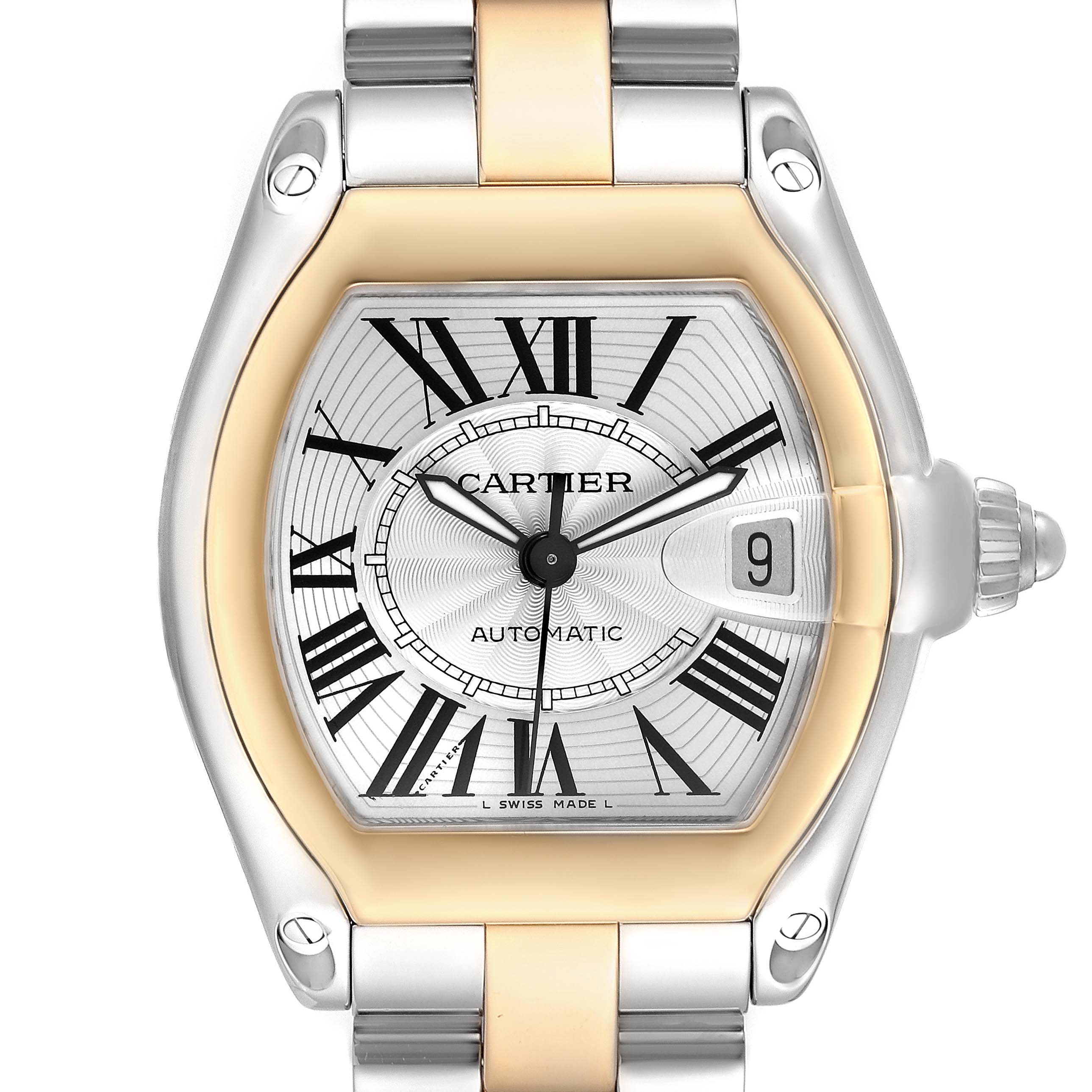The Cartier Roadster W62031Y4 Men's Stainless Steel Silver Dial watch is shown from a front angle, highlighting its dial, Roman numerals, case, and bracelet.