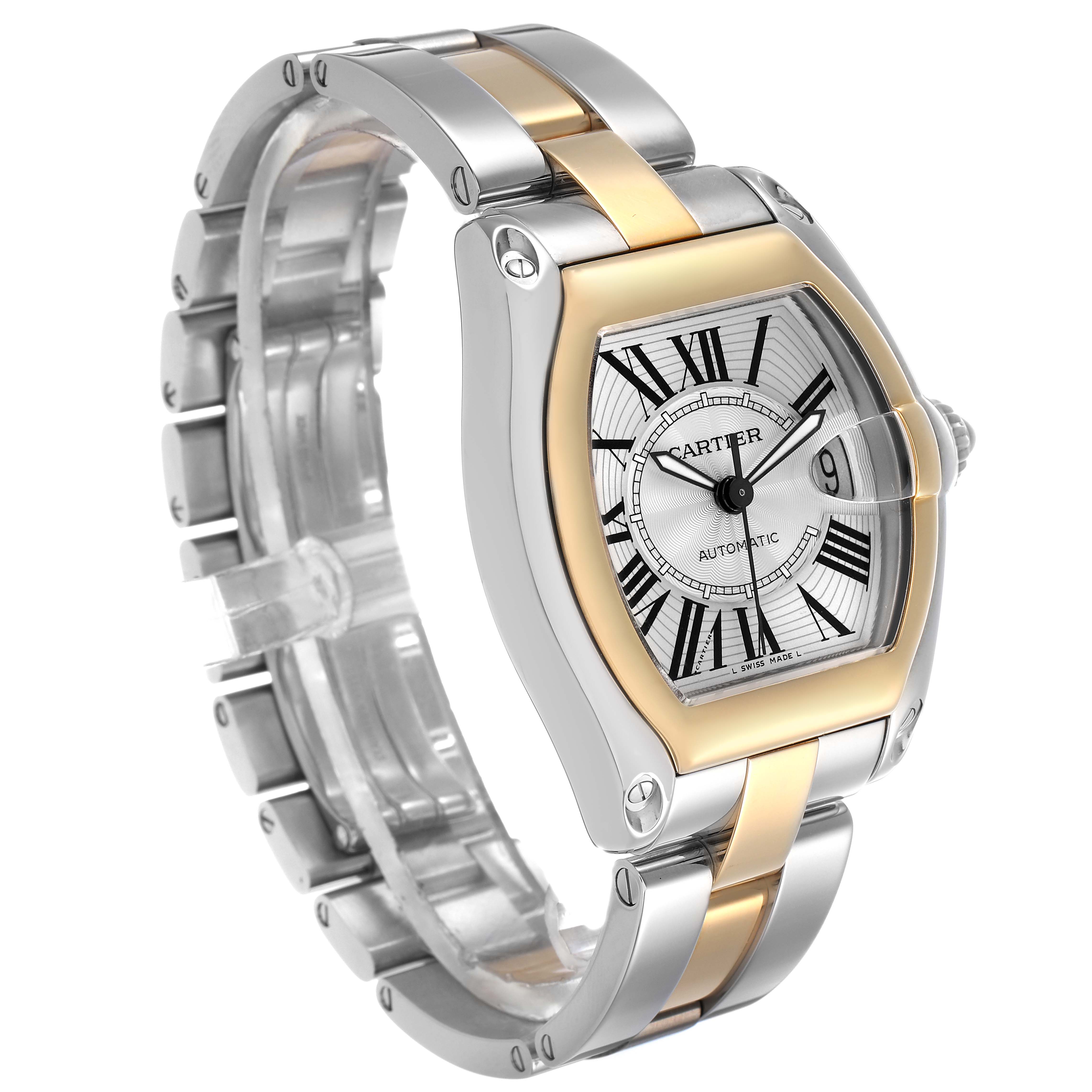 The Cartier Roadster W62031Y4 Men's Stainless Steel Silver Dial watch is shown at a three-quarter angle, highlighting the dial, two-tone bracelet, and date window.