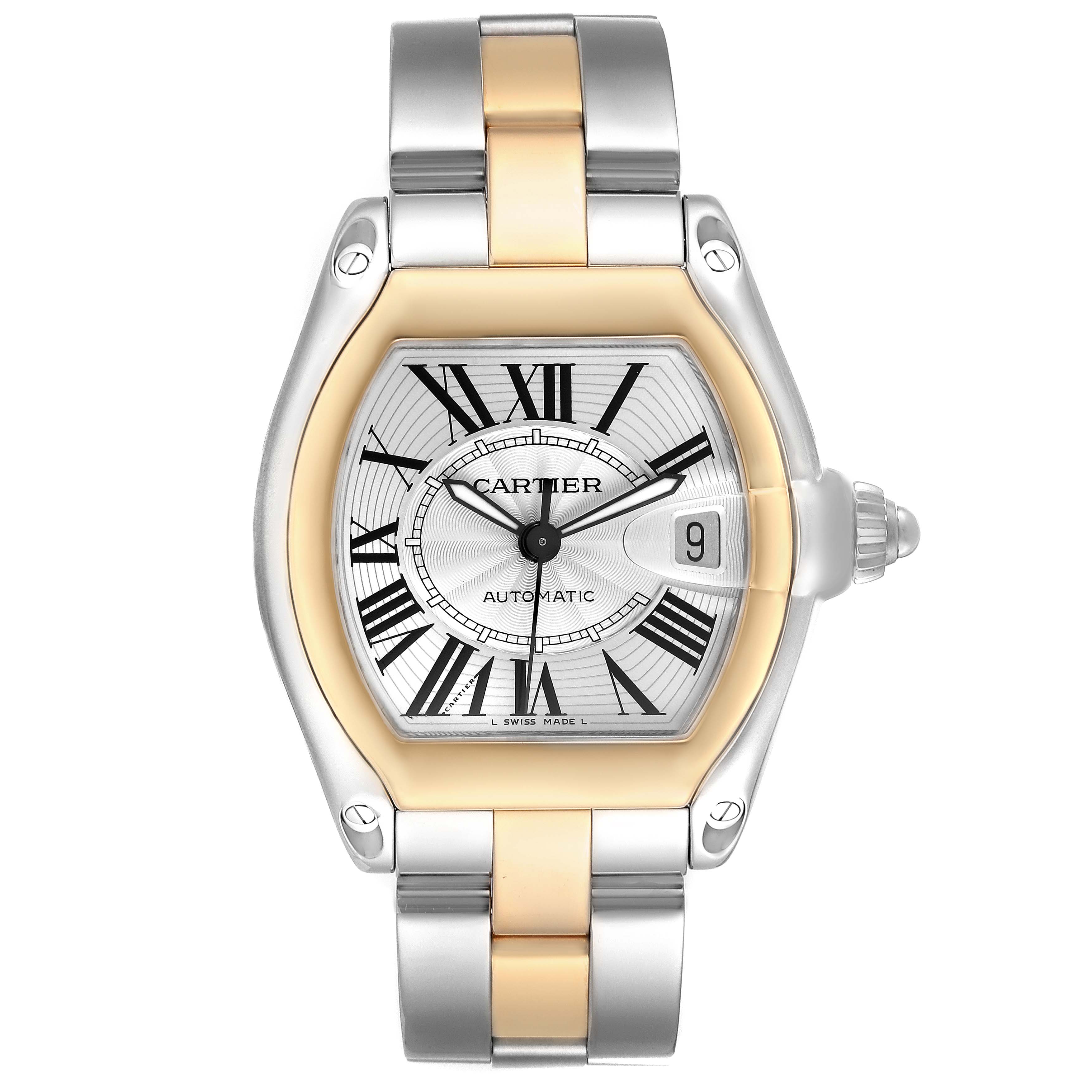 The Cartier Roadster W62031Y4 Men's Stainless Steel Silver Dial watch is shown from a front angle, displaying the face, date, and two-tone bracelet.