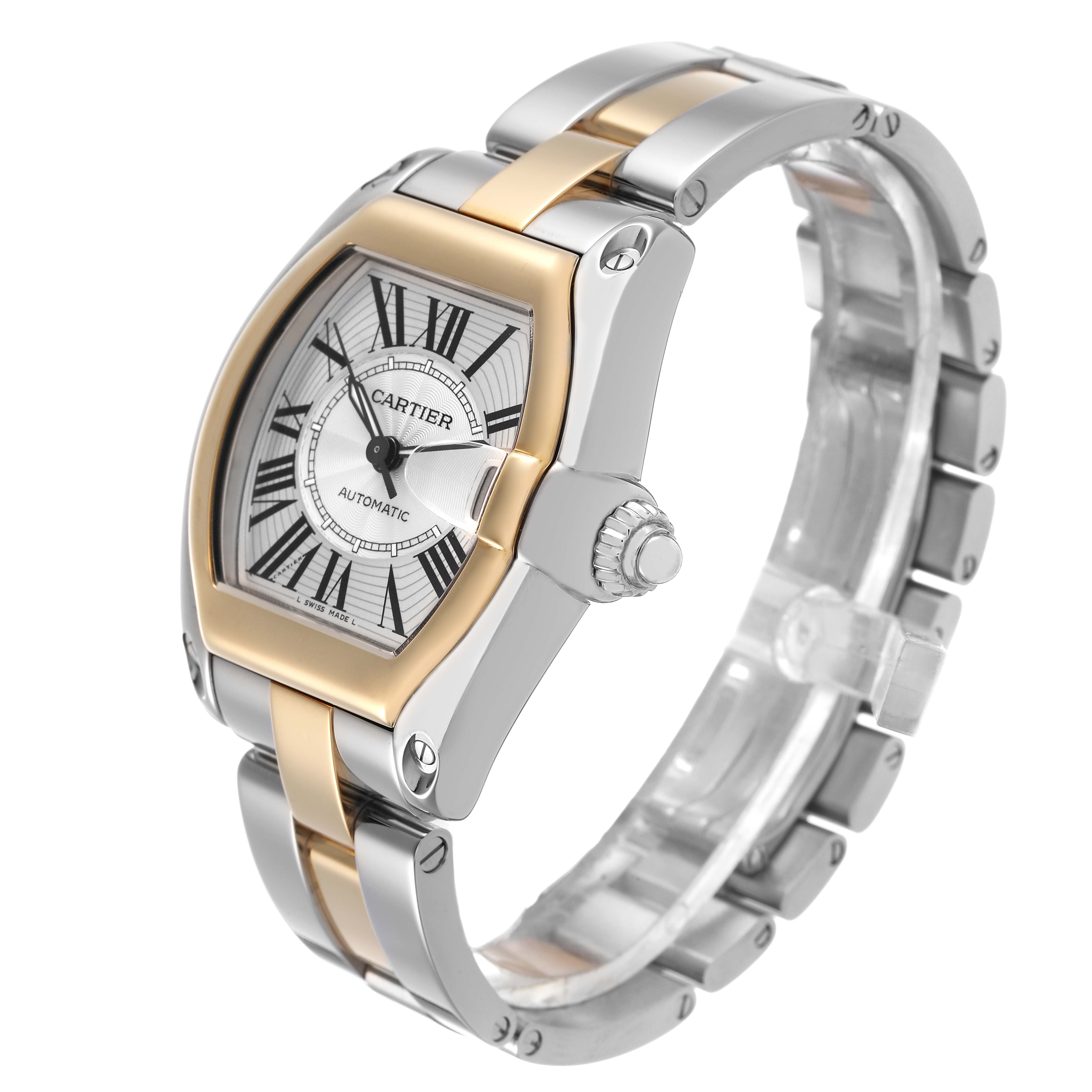 The Cartier Roadster W62031Y4 Men's Stainless Steel Silver Dial watch is shown at a slight angle, highlighting the dial, crown, and two-tone metal bracelet.