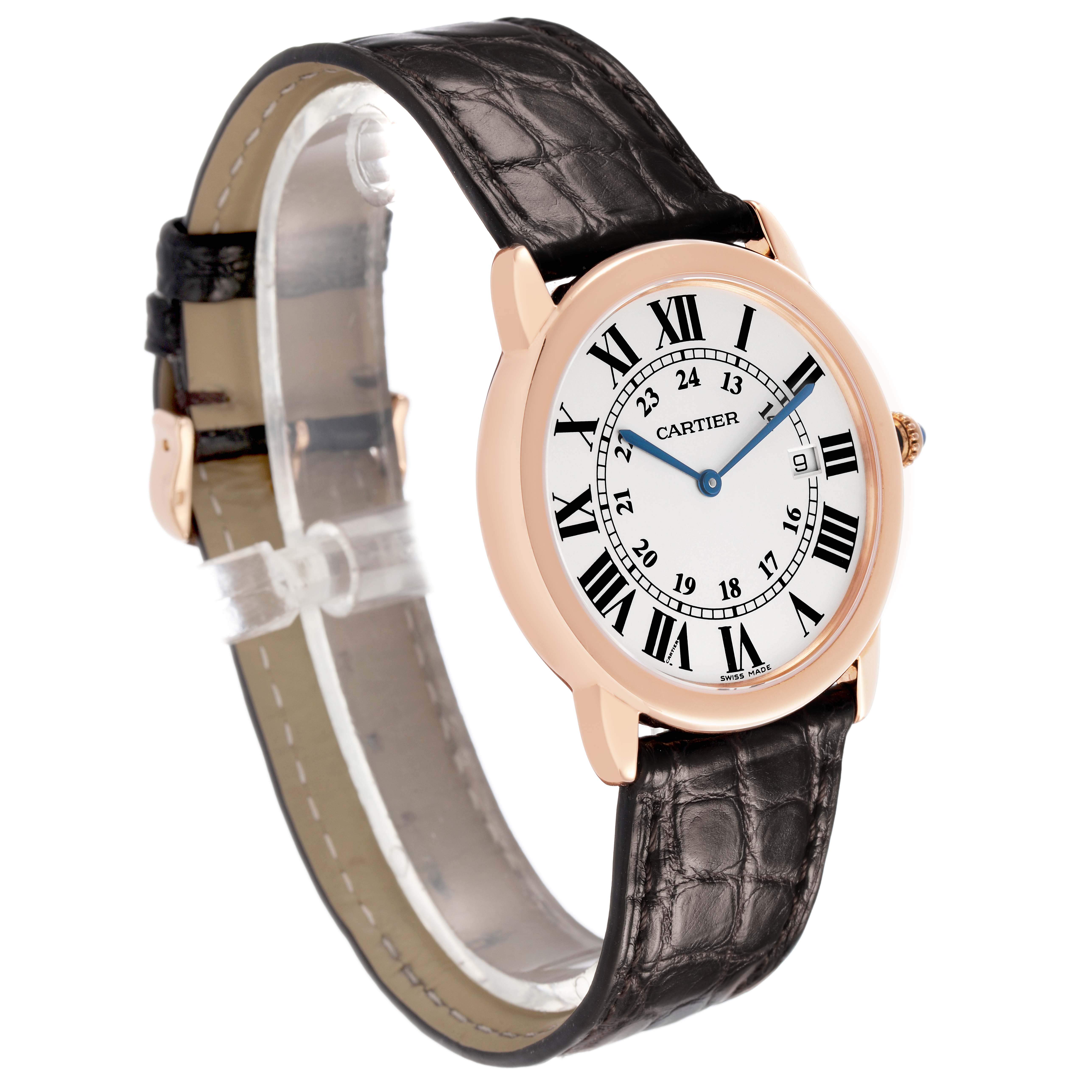 The Cartier Ronde W6701008 Men's Rose Gold Silver Dial watch is shown at a three-quarter angle, displaying its face, case, and leather strap.