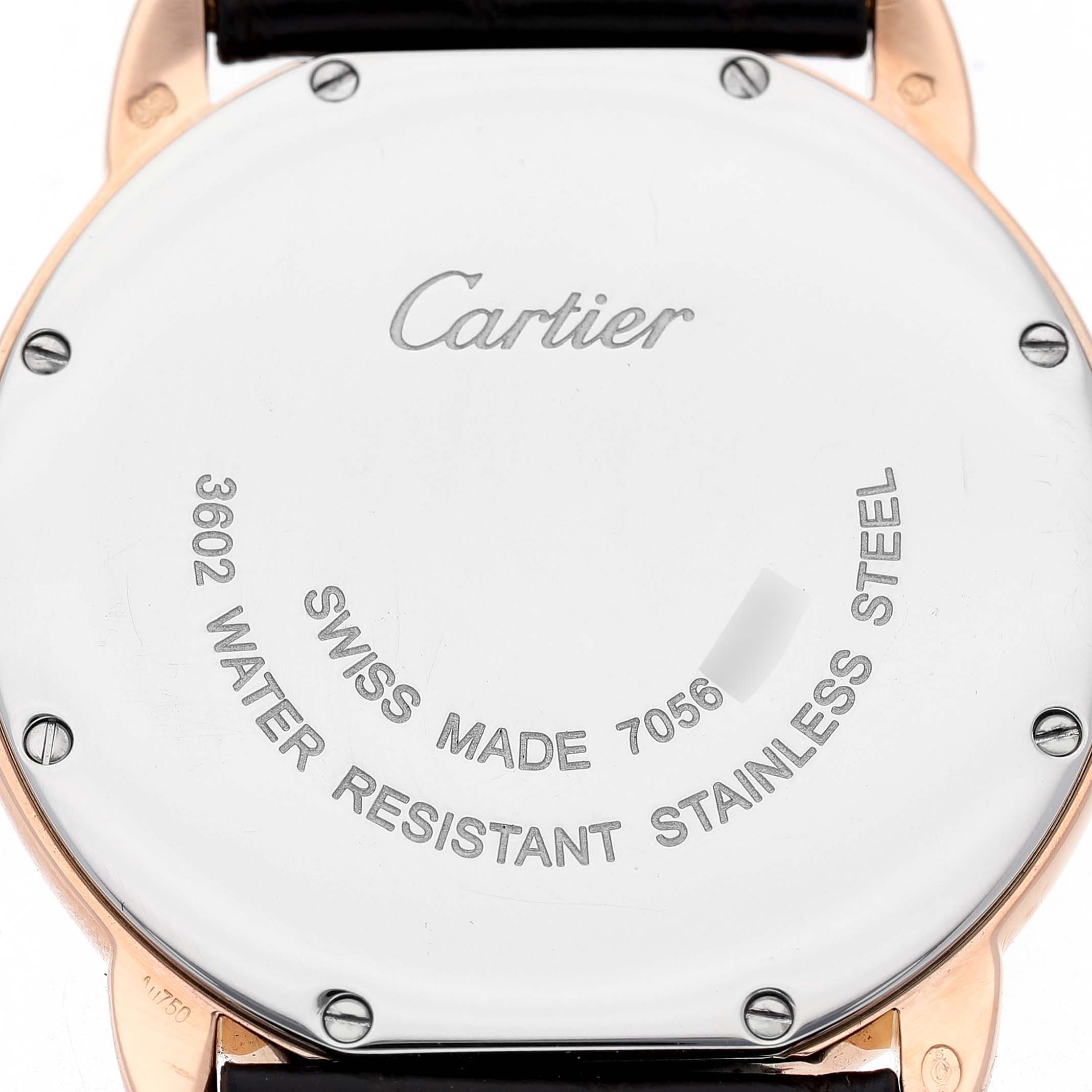 The image shows the back of a Cartier Ronde W6701008 Men's Rose Gold Silver Dial watch, highlighting the brand name, model information, and stainless steel case.