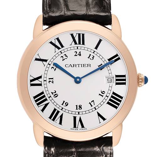 The Cartier Ronde W6701008 Men's Rose Gold Silver Dial watch is shown from the front, displaying the dial, Roman numerals, and crown.