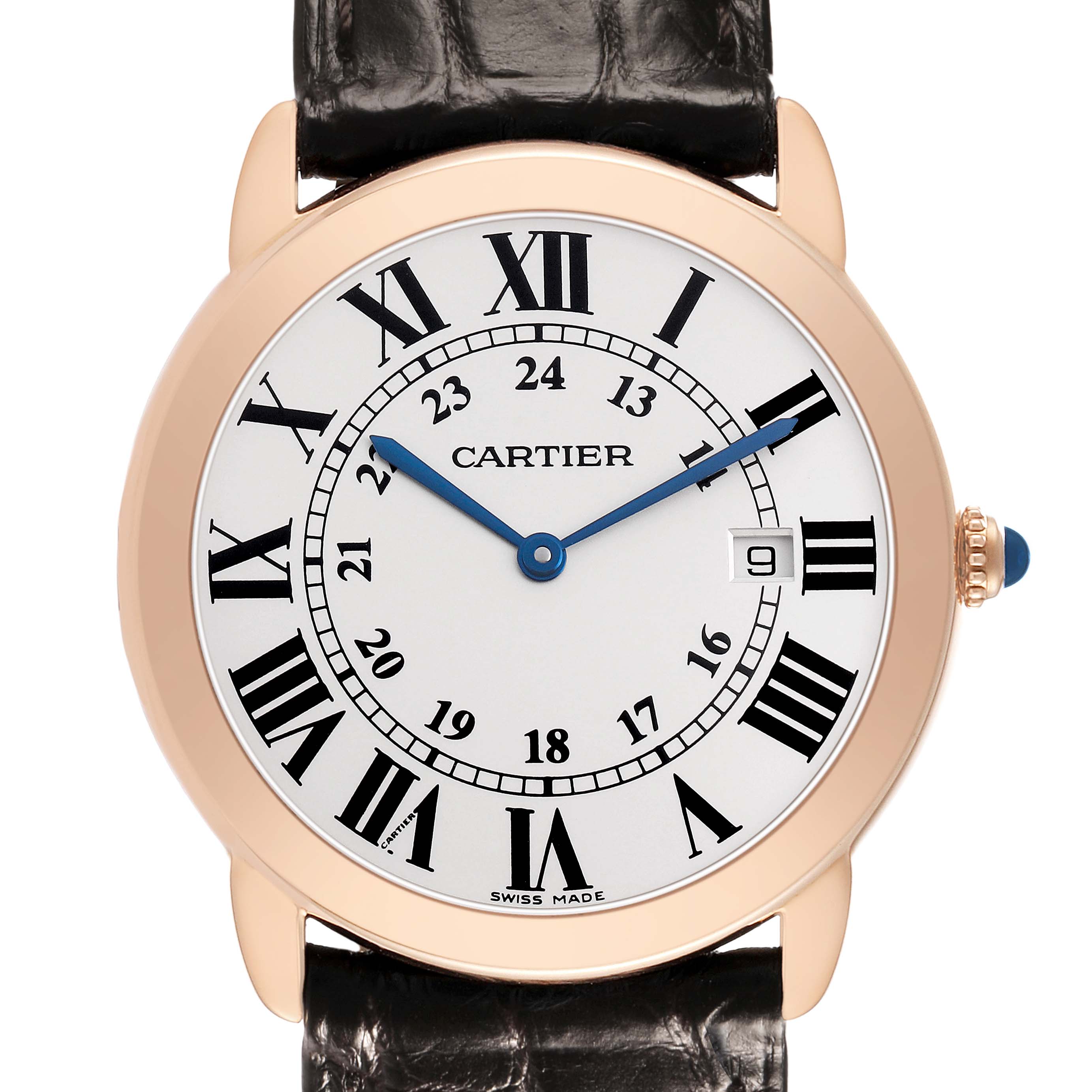 The Cartier Ronde W6701008 Men's Rose Gold Silver Dial watch is shown from a front angle, highlighting the face, Roman numerals, blue hands, and crown detail.