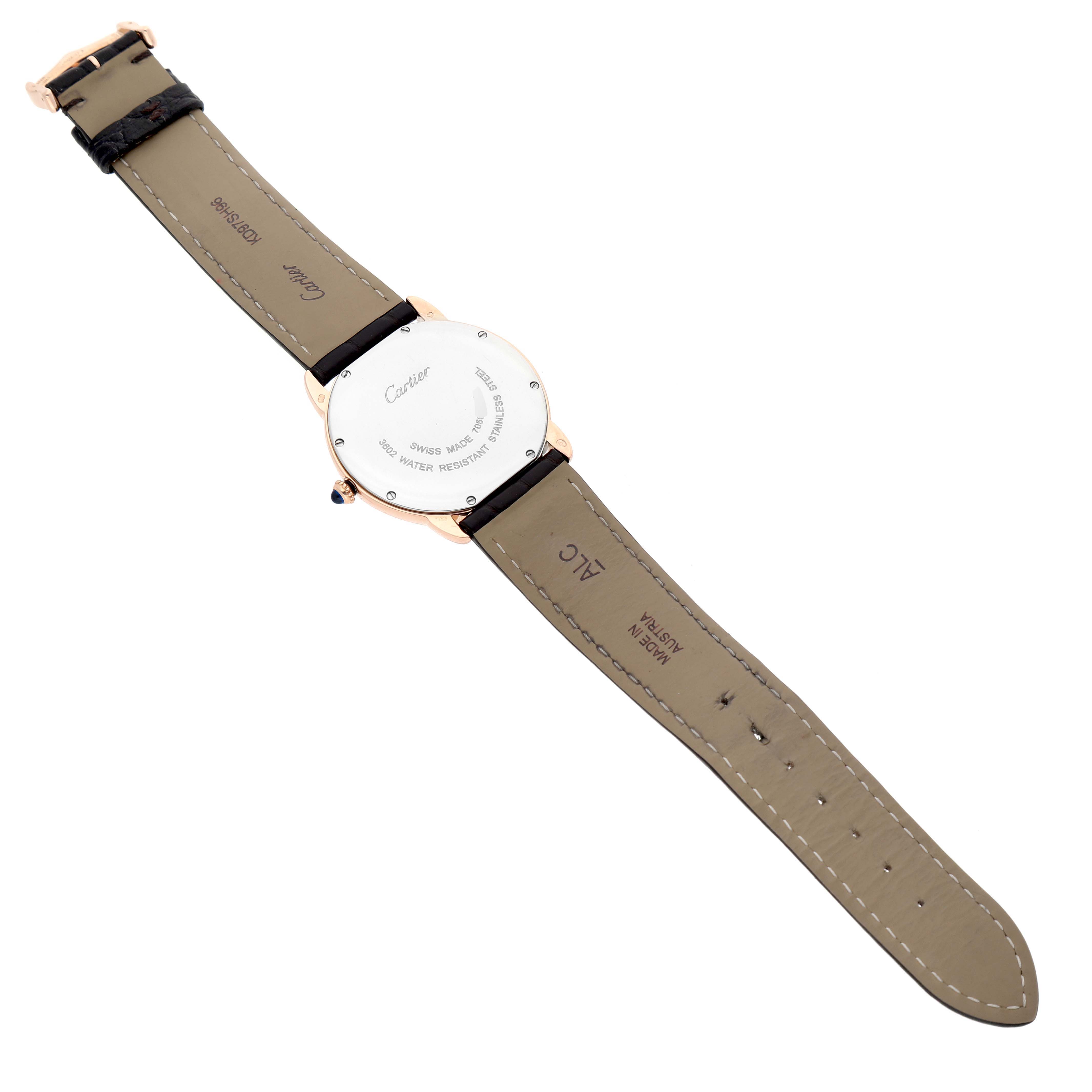 The image shows the back of the Cartier Ronde W6701008 Men's Rose Gold Silver Dial watch, highlighting the case back, strap, and buckle.
