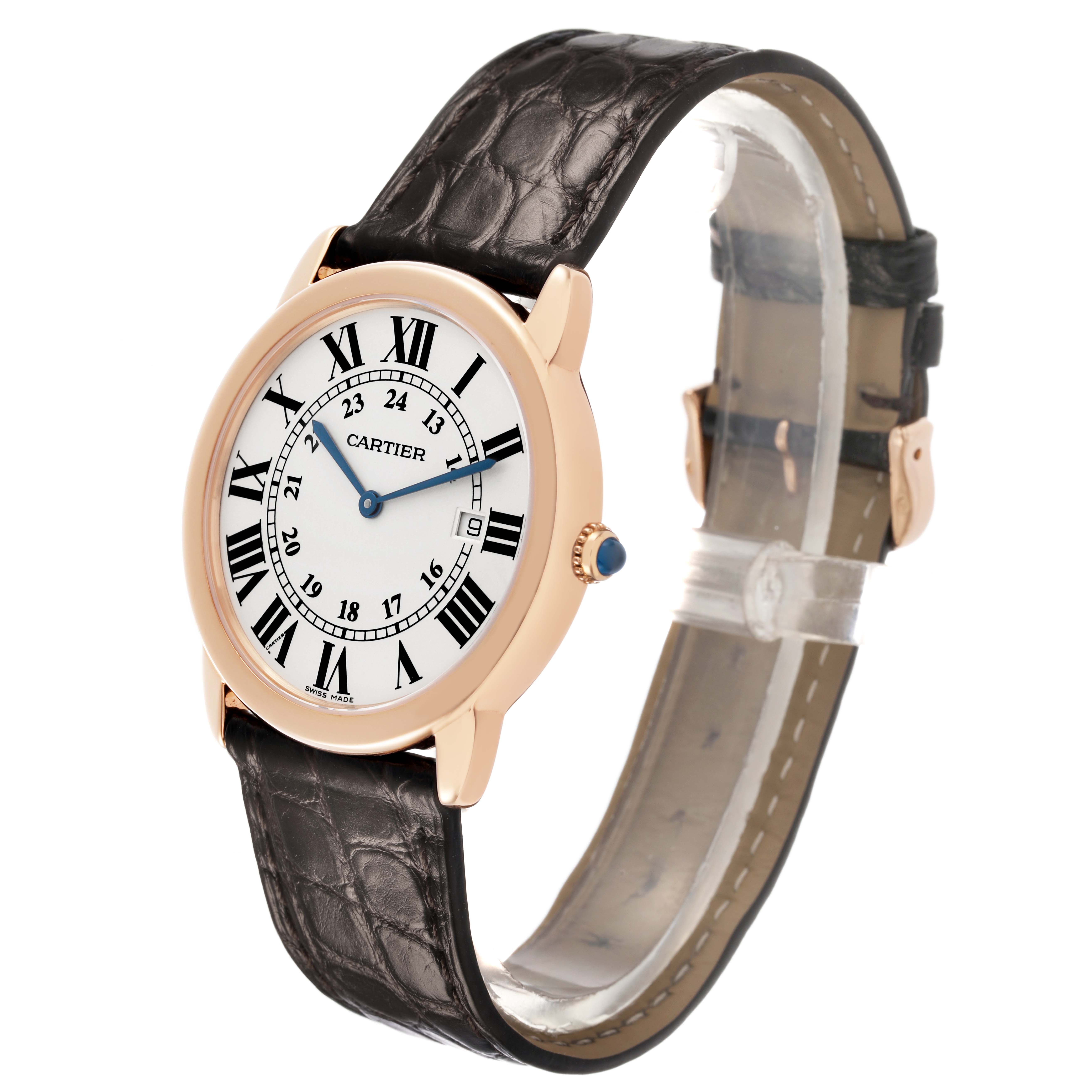 The Cartier Ronde W6701008 Men's Rose Gold Silver Dial model is shown at a slight angle, highlighting its round dial, Roman numerals, leather strap, and crown detail.