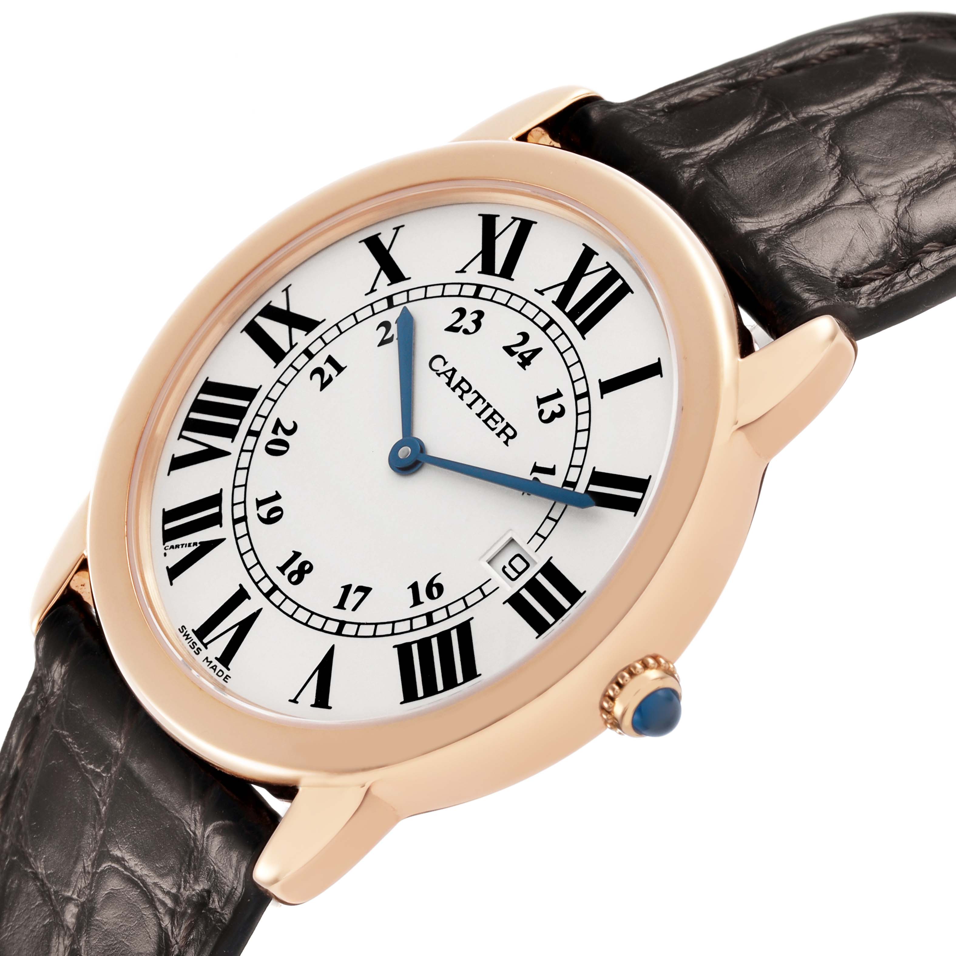 The Cartier Ronde W6701008 Men's Rose Gold Silver Dial watch is shown at an angle highlighting the dial, case, and crown with a leather strap.