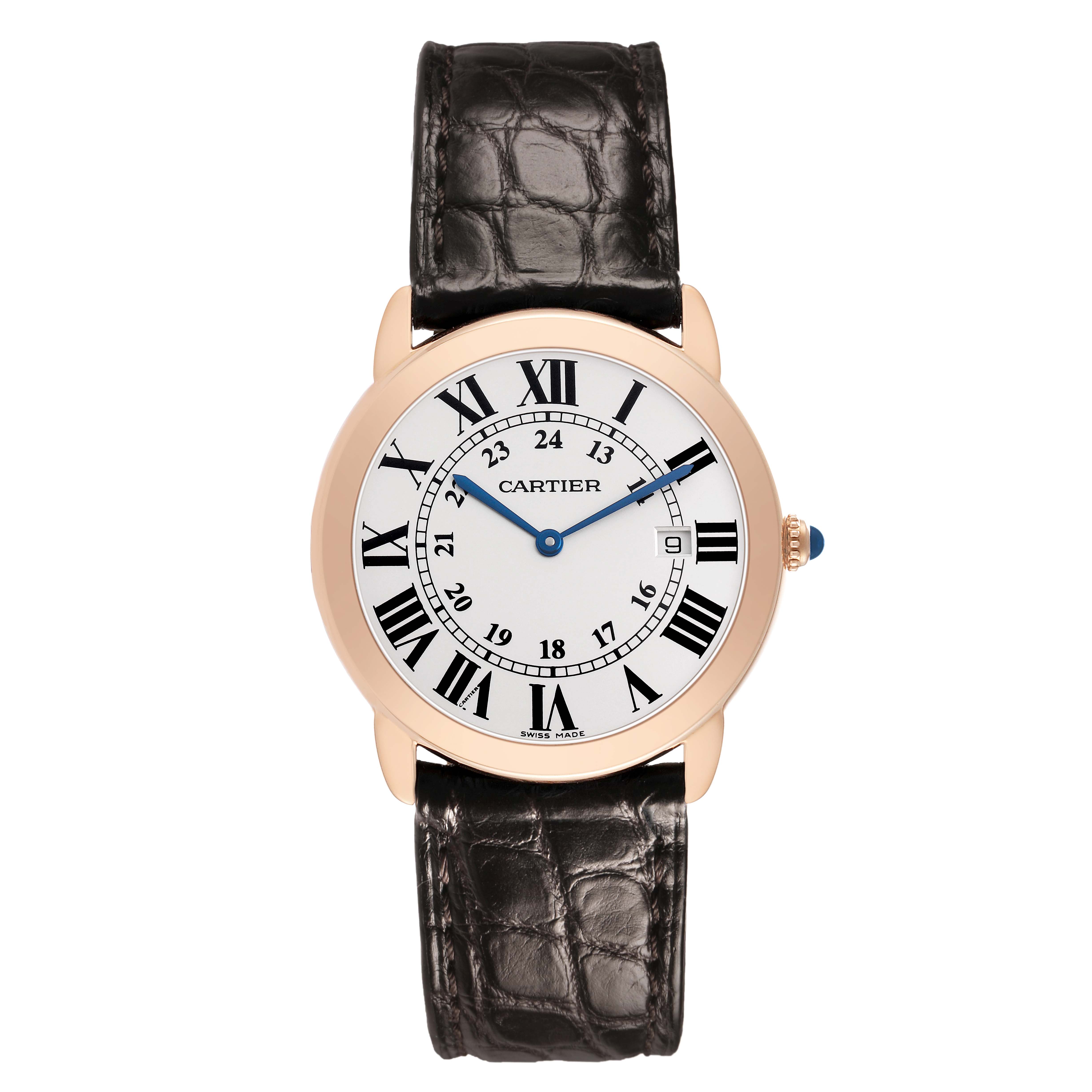 The Cartier Ronde W6701008 Men's Rose Gold Silver Dial watch is shown from a top-down angle, featuring a roman numeral dial, leather strap, and metal case.