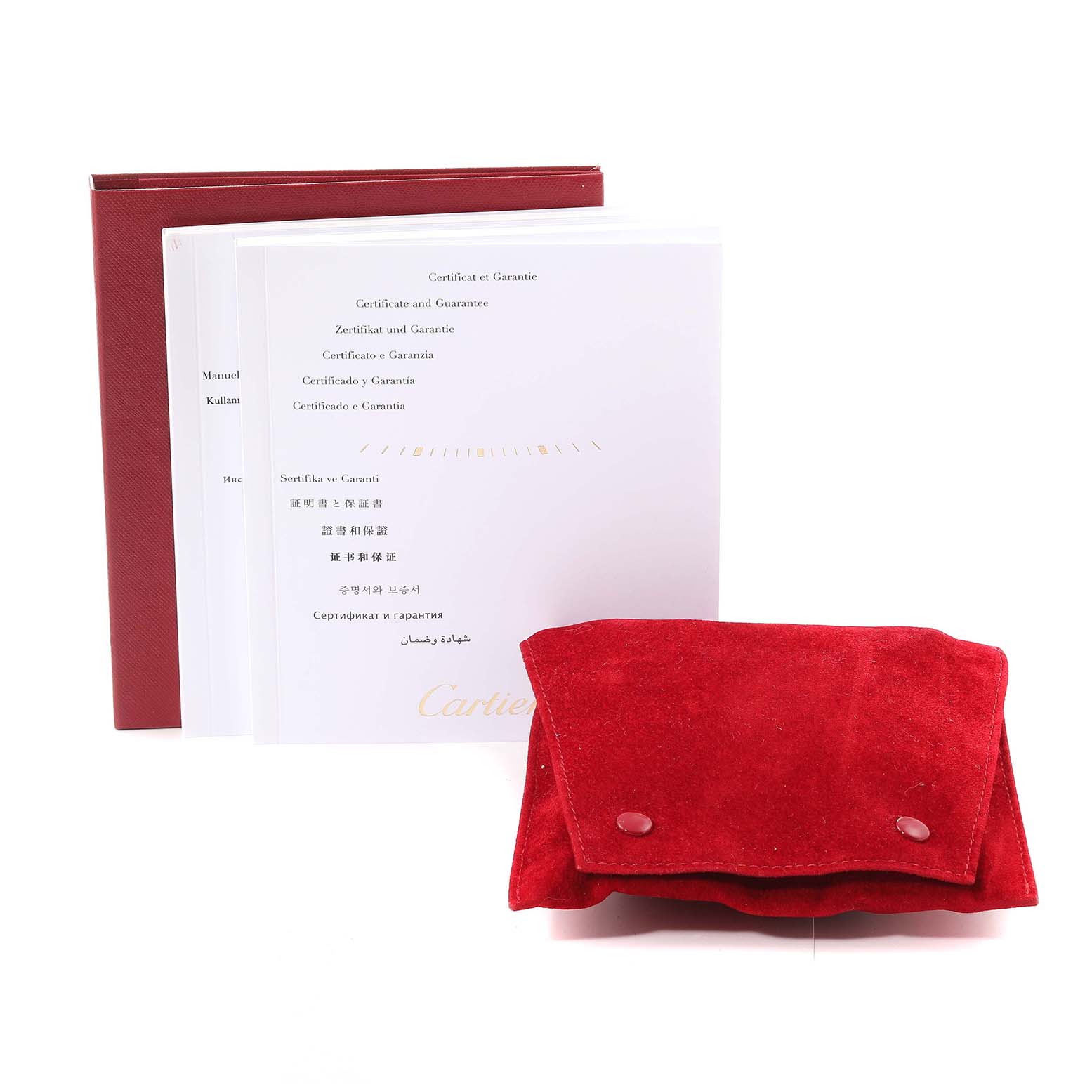 The image shows the manuals, certificates, and a red suede pouch for the Cartier Ronde W6701011 Men
s Stainless Steel Silver Dial W6701011 Men
s Stainless Steel Silver Dial model watch.