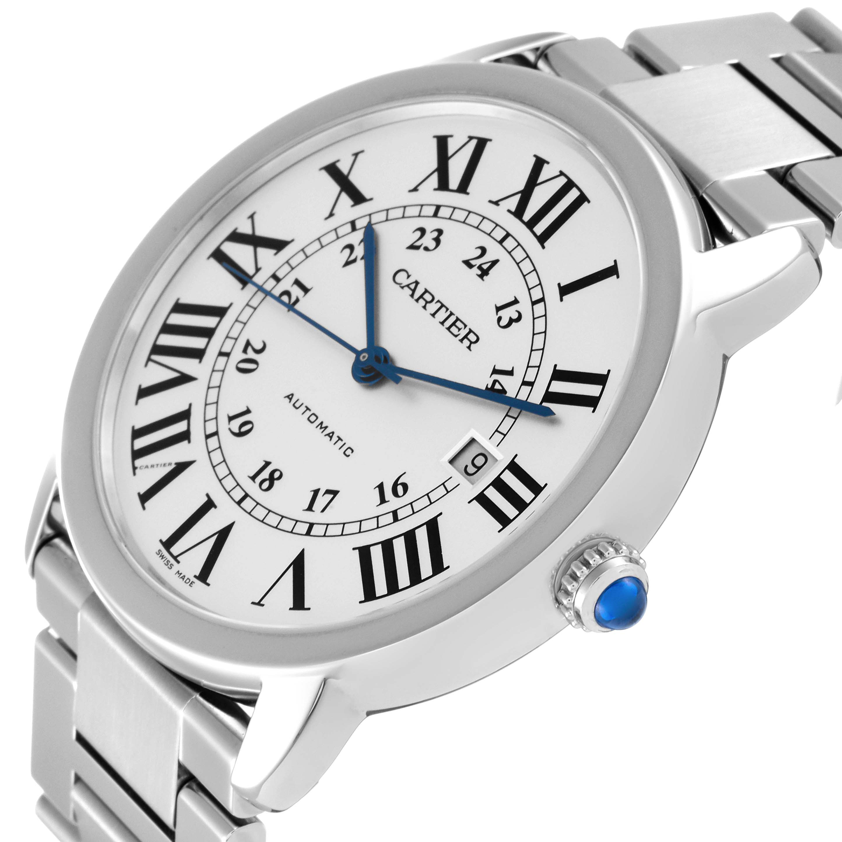 This image shows a close-up angle of the Cartier Ronde W6701011 Men
s Stainless Steel Silver Dial W6701011 Men
s Stainless Steel Silver Dial watch, highlighting its face, bezel, and part of the bracelet.