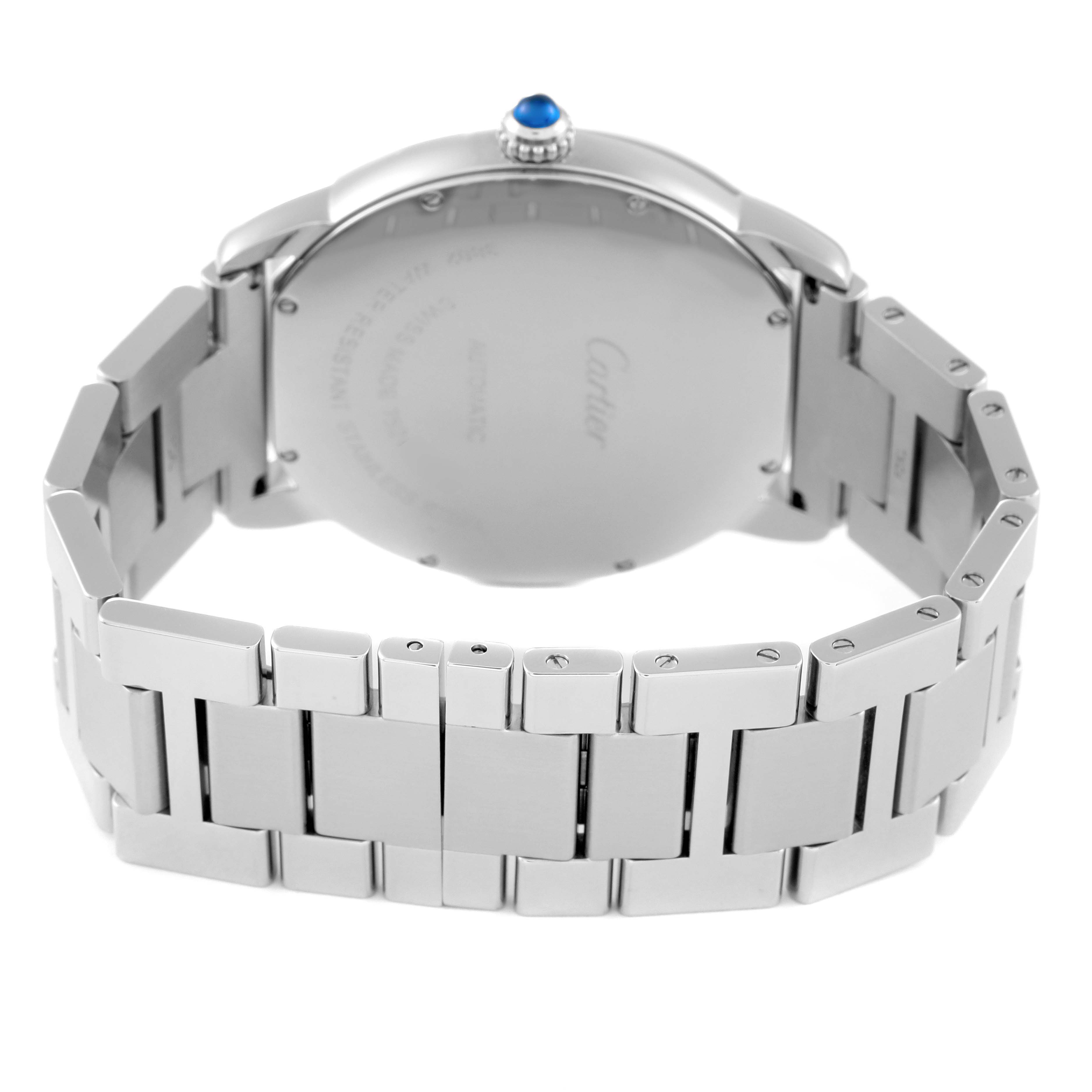 The image shows the back and bracelet of a Cartier Ronde W6701011 Men
s Stainless Steel Silver Dial W6701011 Men
s Stainless Steel Silver Dial model watch.