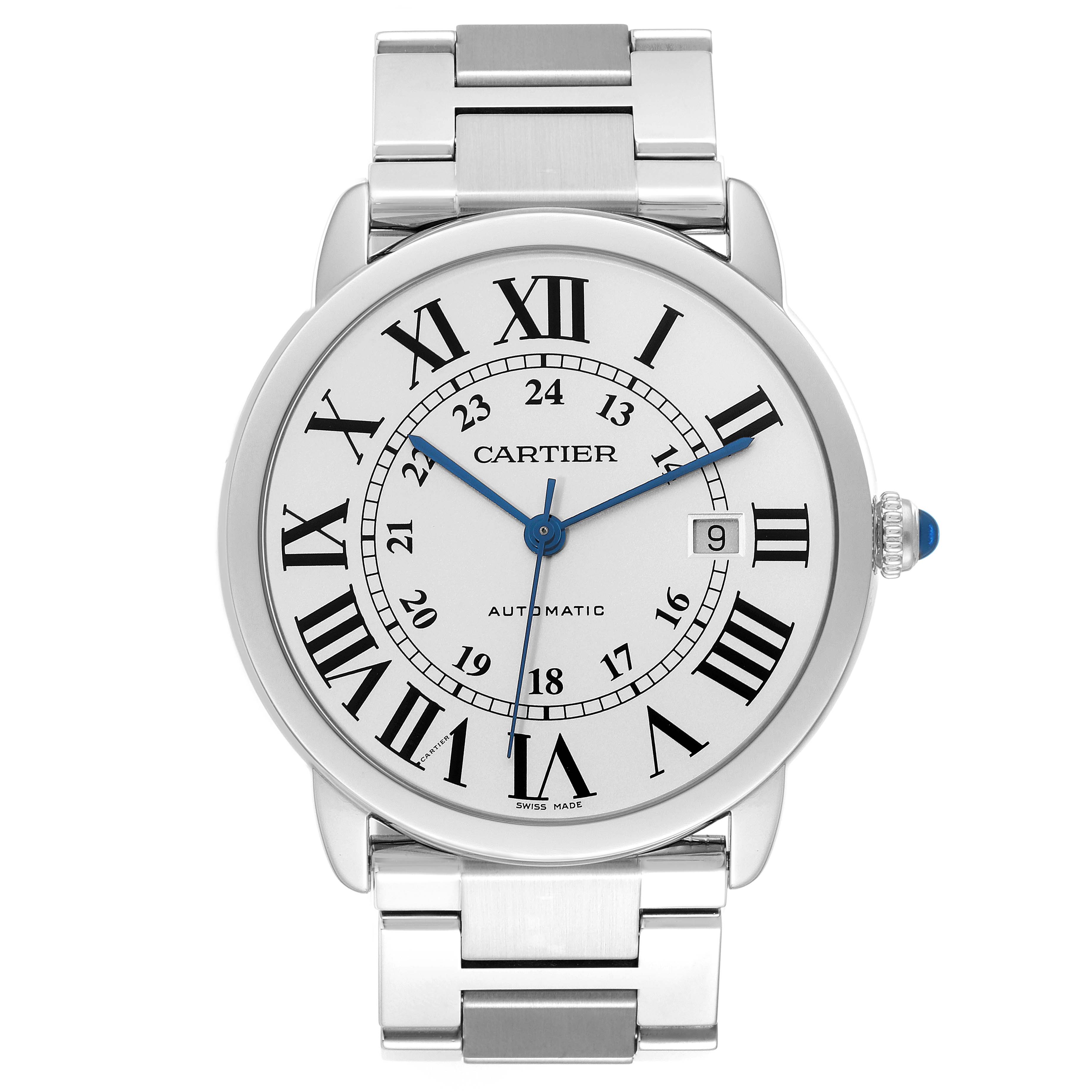 This image shows a Cartier Ronde W6701011 Men
s Stainless Steel Silver Dial W6701011 Men
s Stainless Steel Silver Dial watch from the front, highlighting its dial, hands, case, and part of the bracelet.