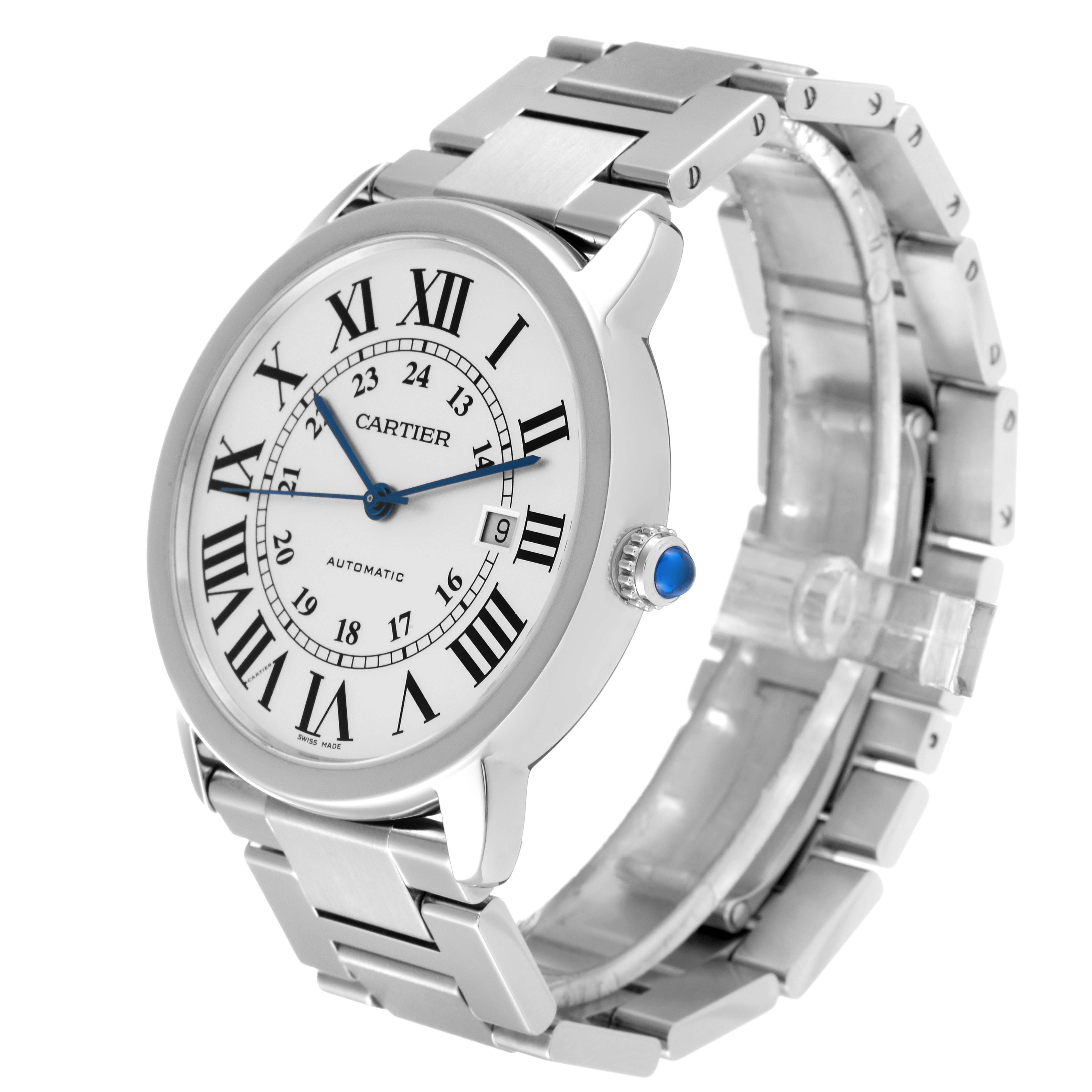 The Ronde model by Cartier is shown at a slight angle, displaying its face, bezel, crown, and bracelet.