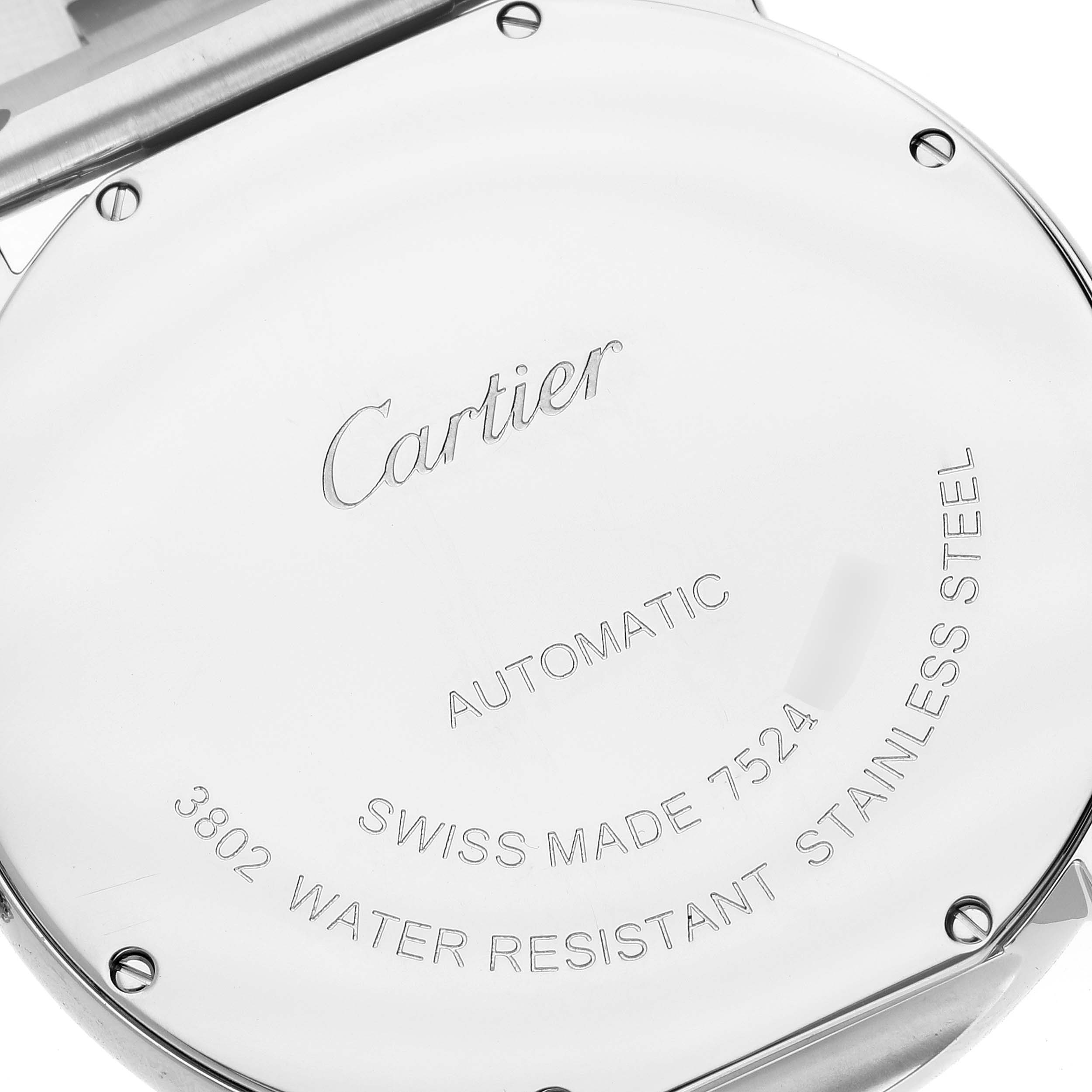 The image shows the back case of the Cartier Ronde W6701011 Men
s Stainless Steel Silver Dial W6701011 Men
s Stainless Steel Silver Dial model watch from an angled close-up view.