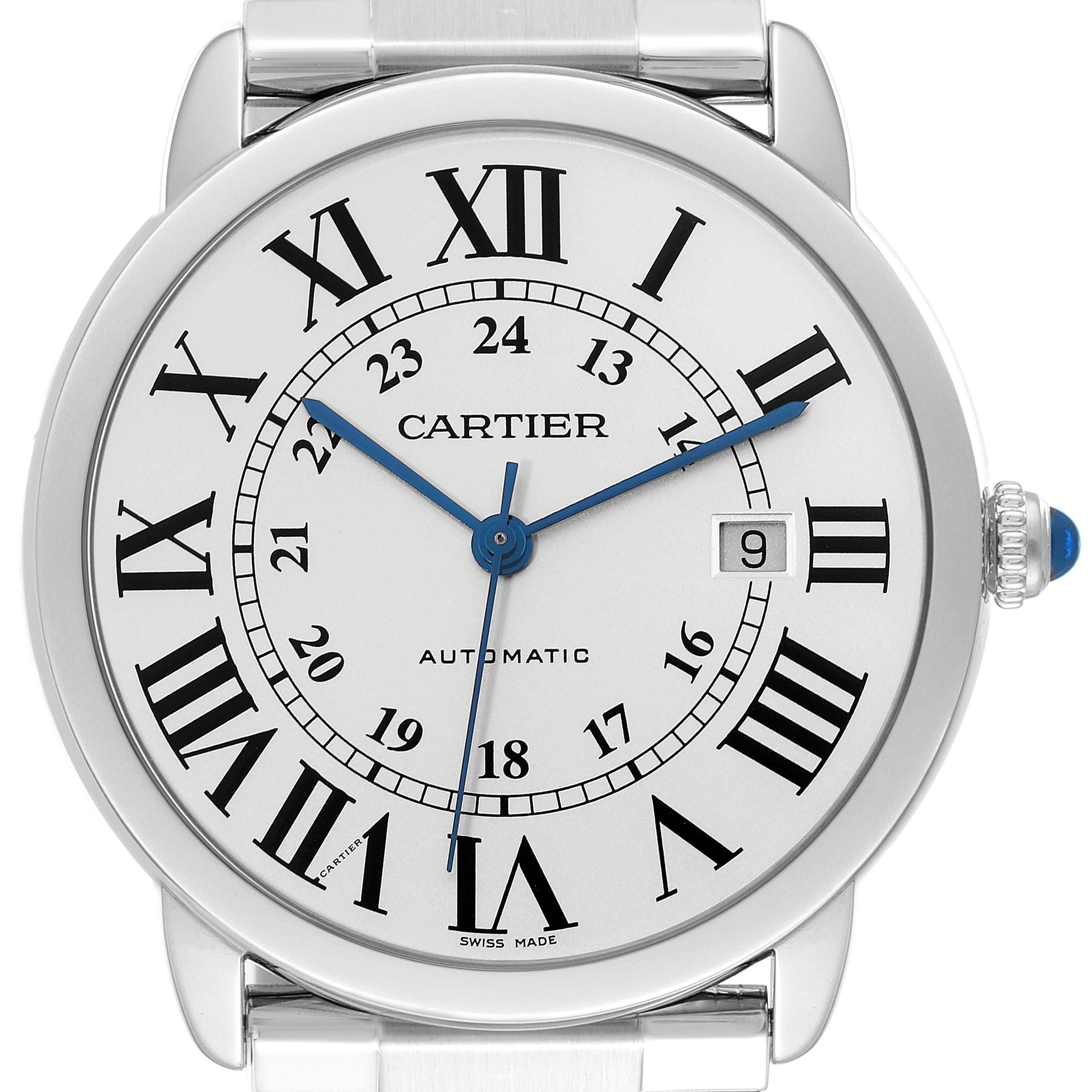 The image shows a front view of the Cartier Ronde W6701011 Men
s Stainless Steel Silver Dial W6701011 Men
s Stainless Steel Silver Dial model watch, displaying the dial, Roman numeral markers, and date window.