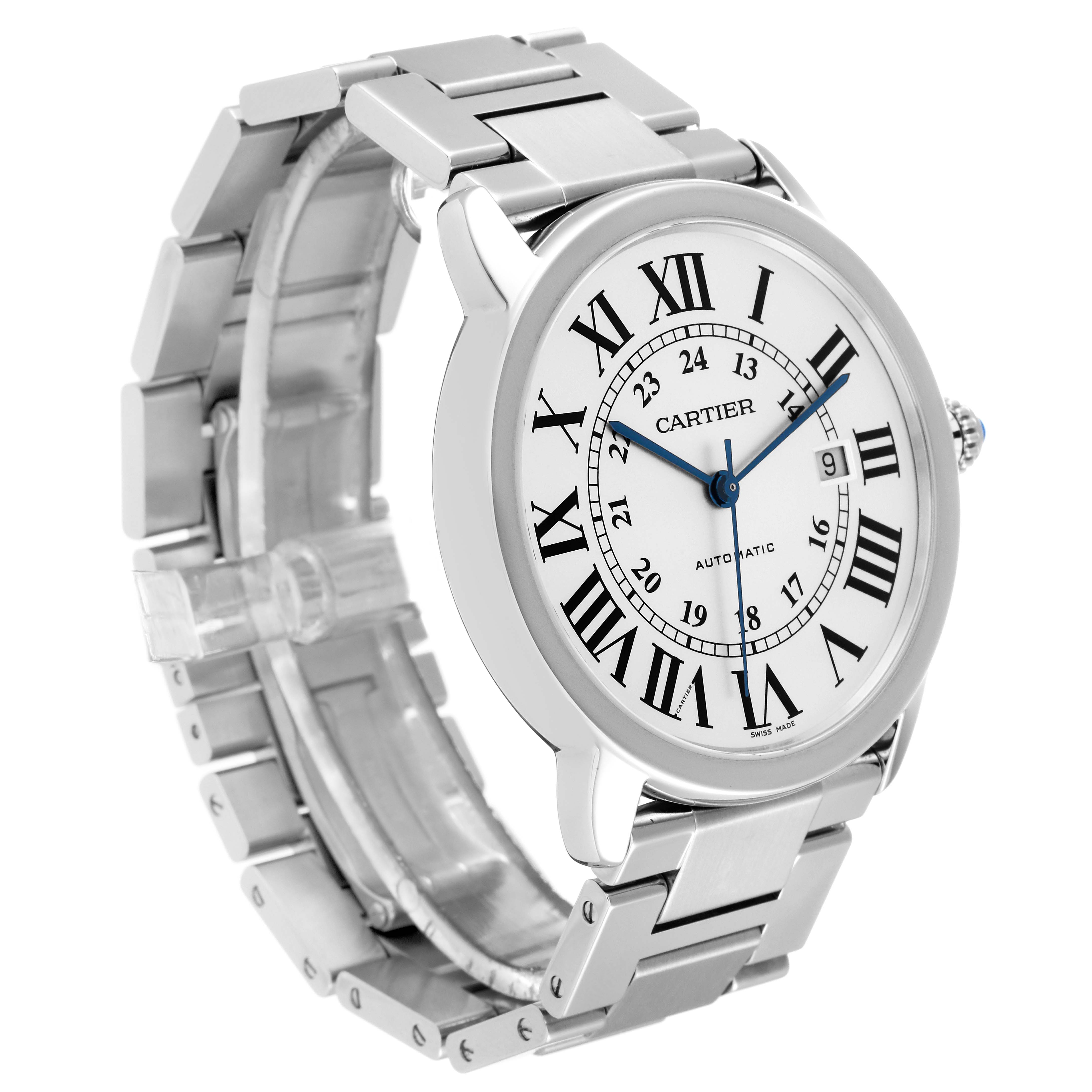 The Cartier Ronde W6701011 Men
s Stainless Steel Silver Dial W6701011 Men
s Stainless Steel Silver Dial watch is shown at a three-quarter angle, displaying the face, Roman numeral dial, blue hands, crown, and metal bracelet.