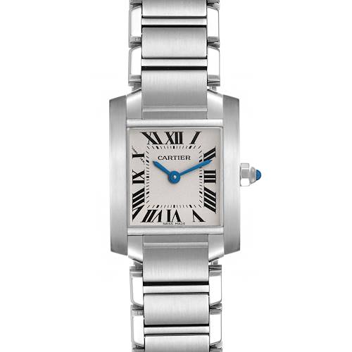 The image shows a front view of the Cartier Tank Francaise watch, highlighting its rectangular face, Roman numerals, and metal bracelet.