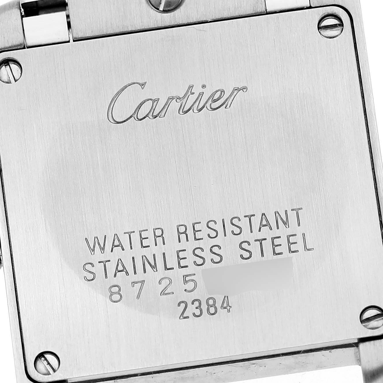 The image shows the back case of the Cartier Tank Francaise W51008Q3 Women's Stainless Steel Silver Dial W51008Q3 Women's Stainless Steel Silver Dial watch, displaying brand, material, model, and water resistance details.