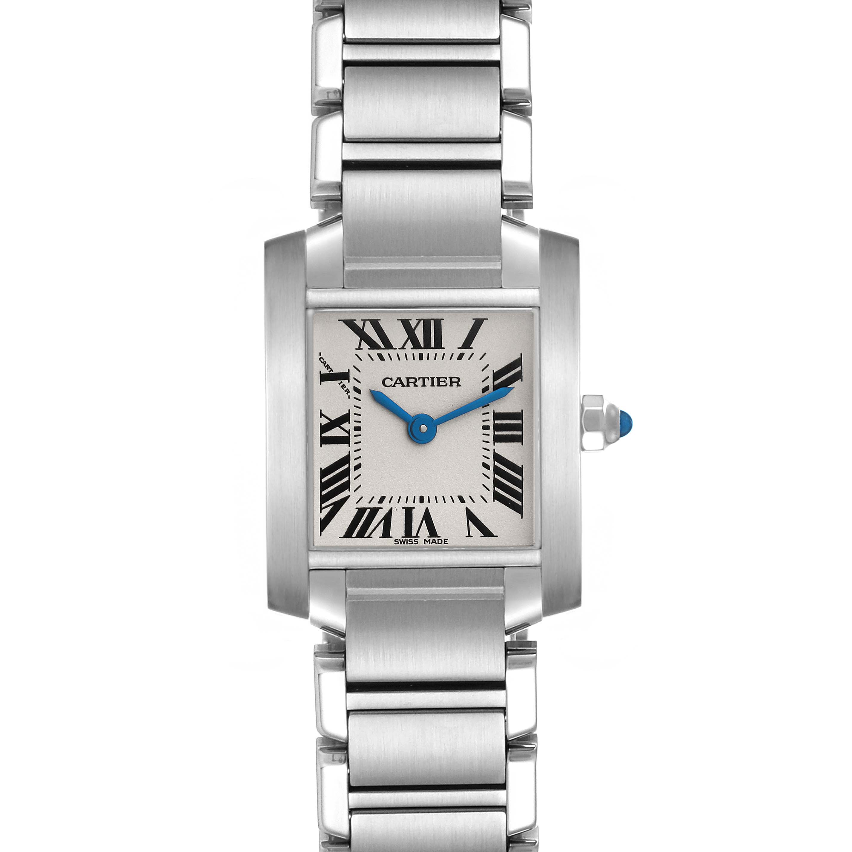 The image shows a frontal view of the Cartier Tank Francaise W51008Q3 Women's Stainless Steel Silver Dial W51008Q3 Women's Stainless Steel Silver Dial watch, with the face, bracelet, and crown visible.