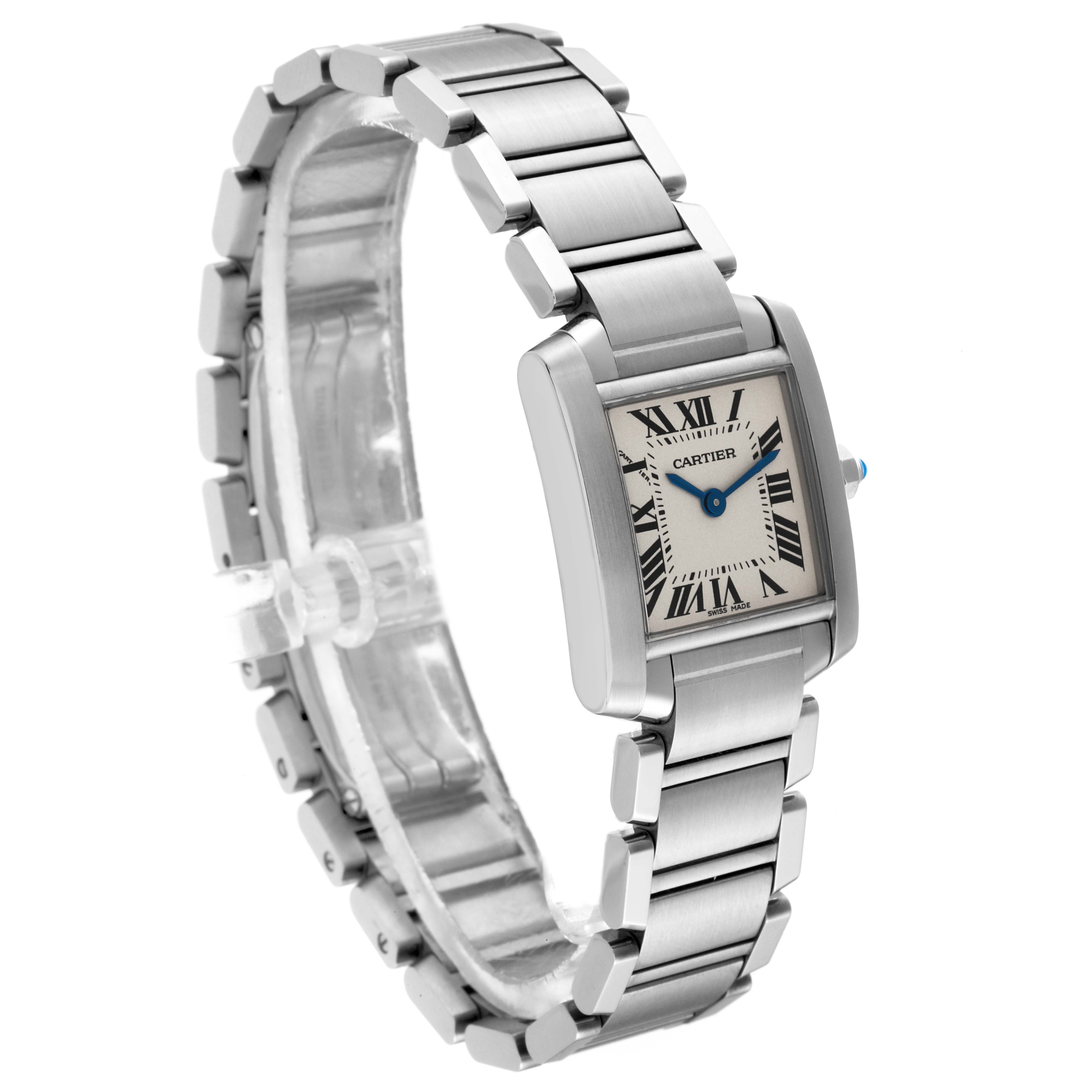 The image shows a Cartier Tank Francaise W51008Q3 Women's Stainless Steel Silver Dial W51008Q3 Women's Stainless Steel Silver Dial watch at a three-quarter angle, highlighting its face, bracelet, and clasp.