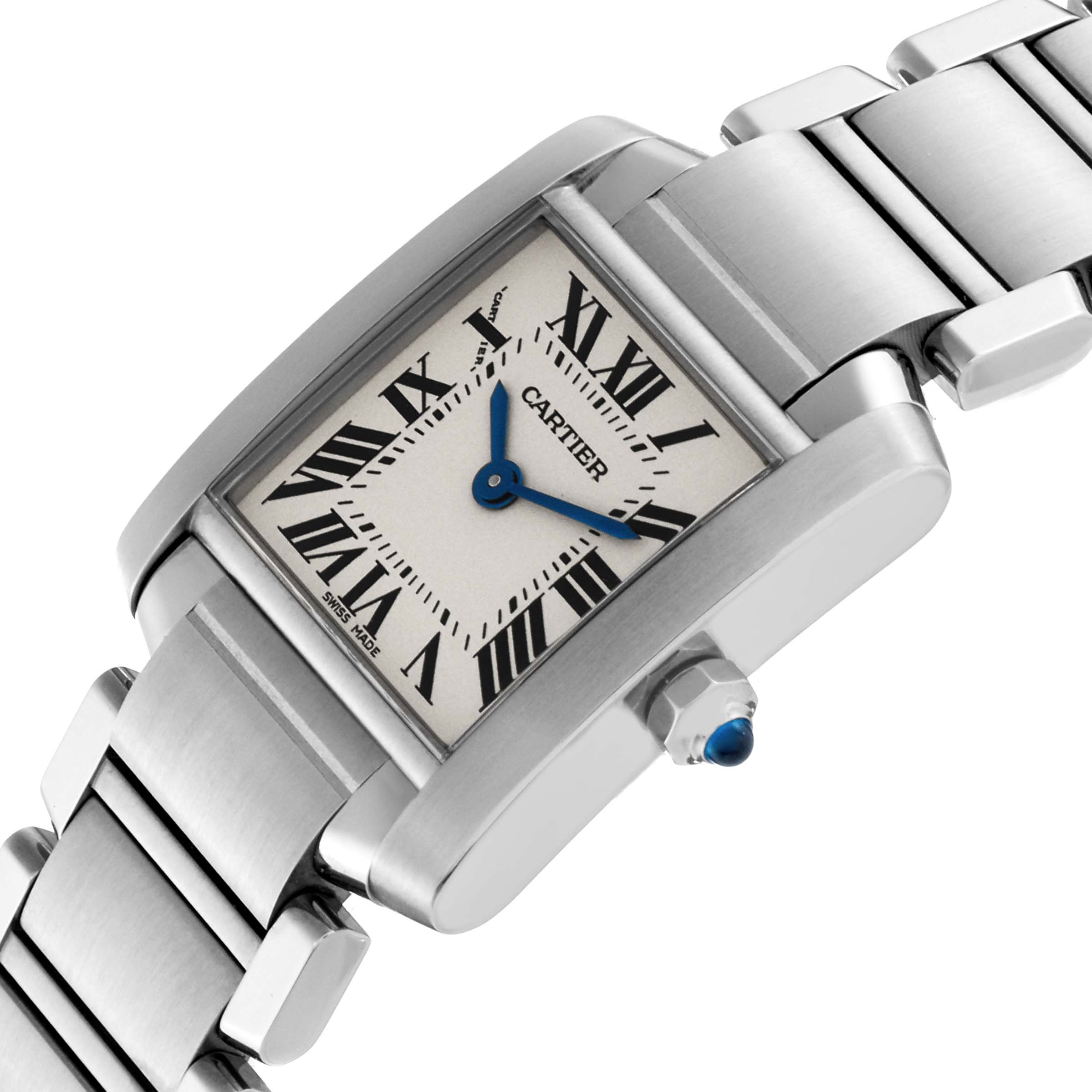 The Cartier Tank Francaise W51008Q3 Women's Stainless Steel Silver Dial W51008Q3 Women's Stainless Steel Silver Dial watch is shown at a tilted angle, highlighting its face, crown, and part of the metal bracelet.