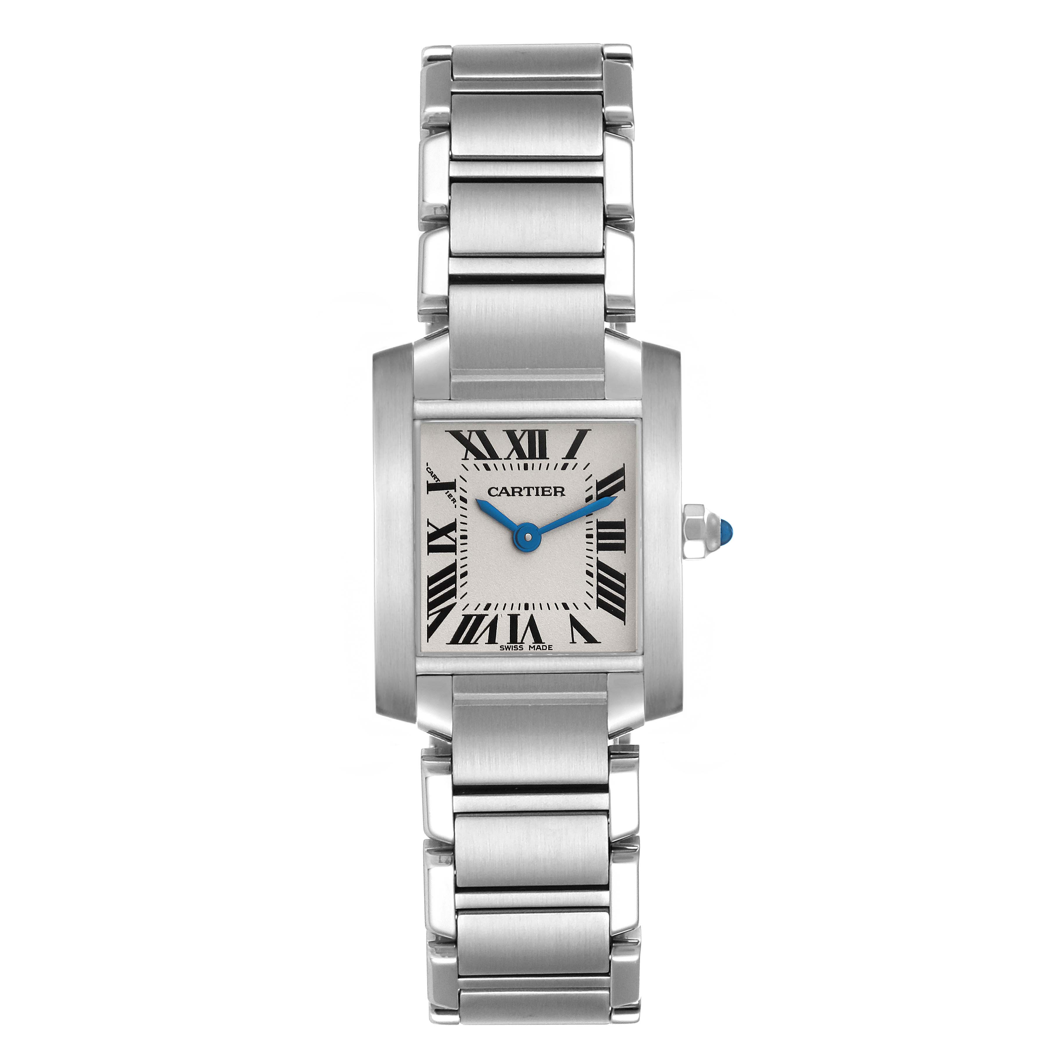 The image shows a frontal view of the Cartier Tank Française watch, displaying the dial, case, crown, and bracelet.