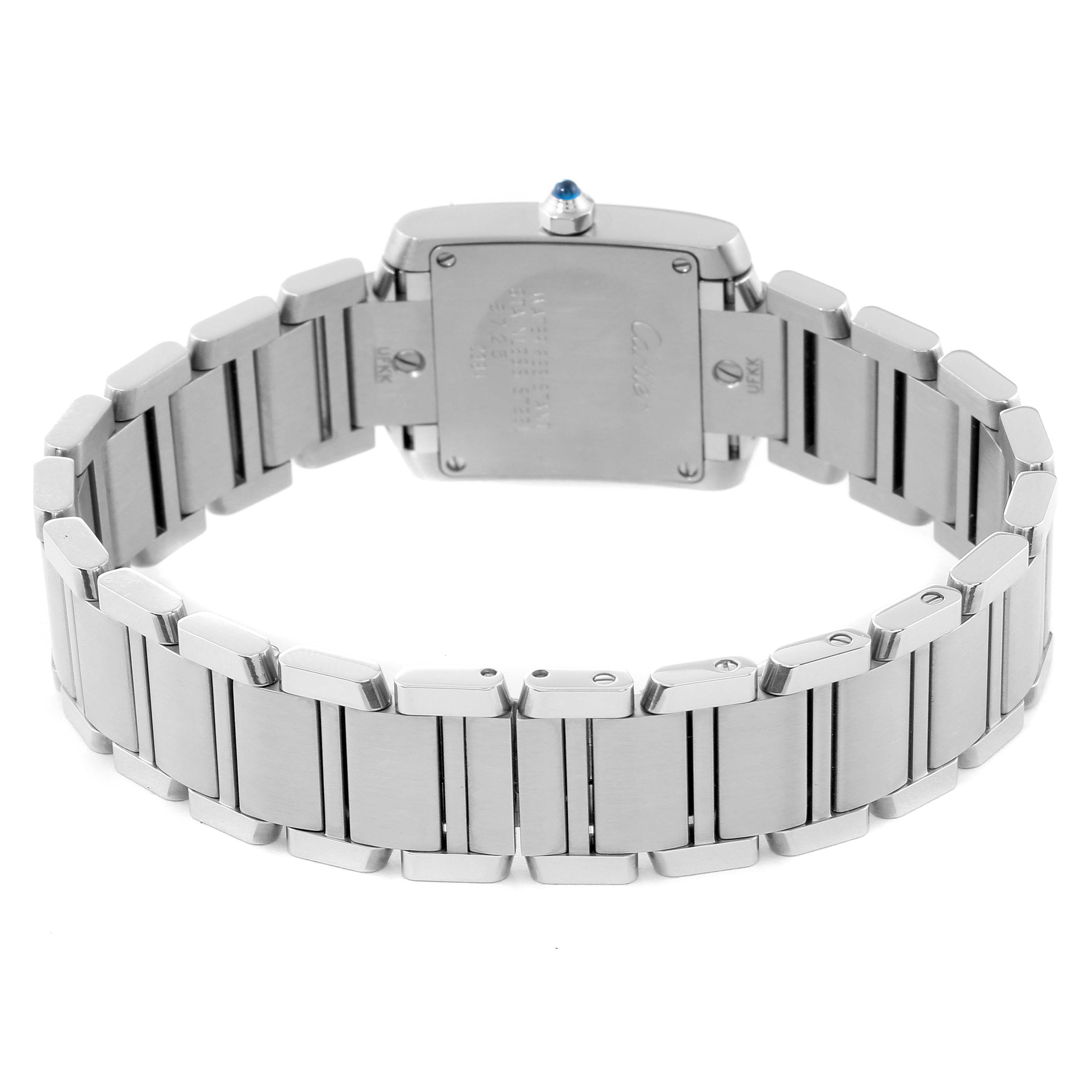 This image shows the back view of a Cartier Tank Française watch, focusing on the case back and bracelet.