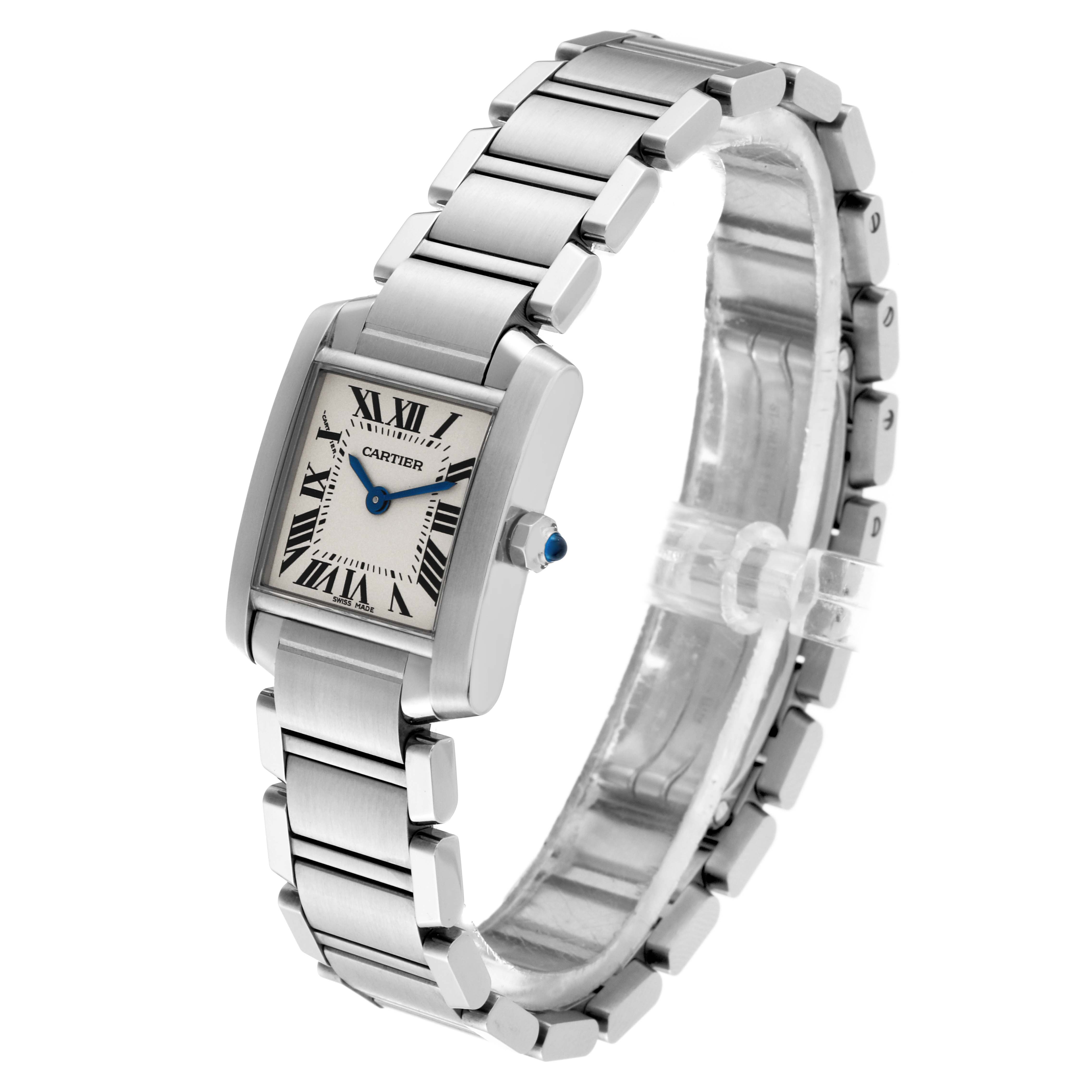 The Cartier Tank Francaise W51008Q3 Women's Stainless Steel Silver Dial W51008Q3 Women's Stainless Steel Silver Dial watch is shown at a three-quarter angle, displaying its face, bezel, and stainless steel bracelet.