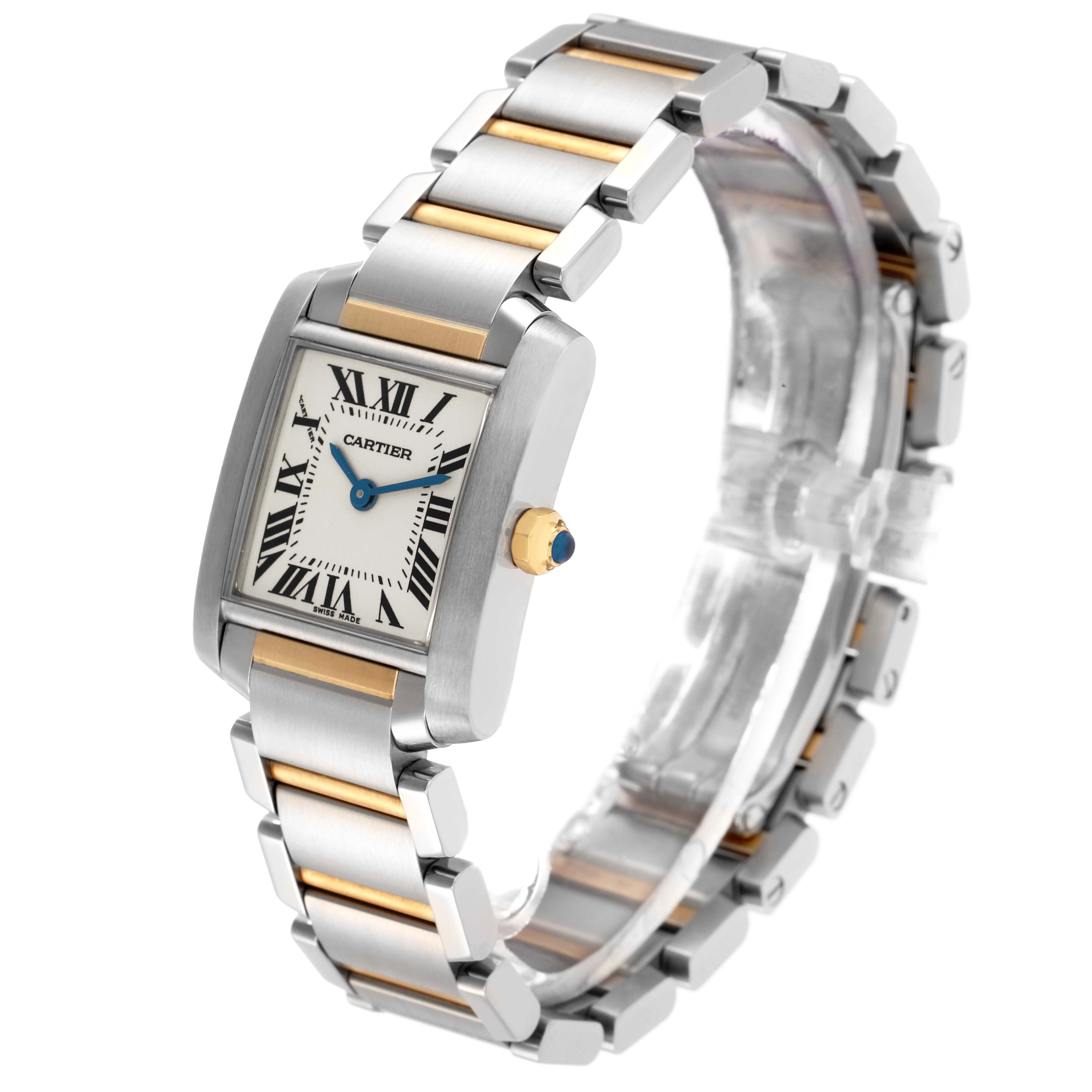 The Cartier Tank Française watch is shown at a slight angle, highlighting its face, bracelet, and crown.
