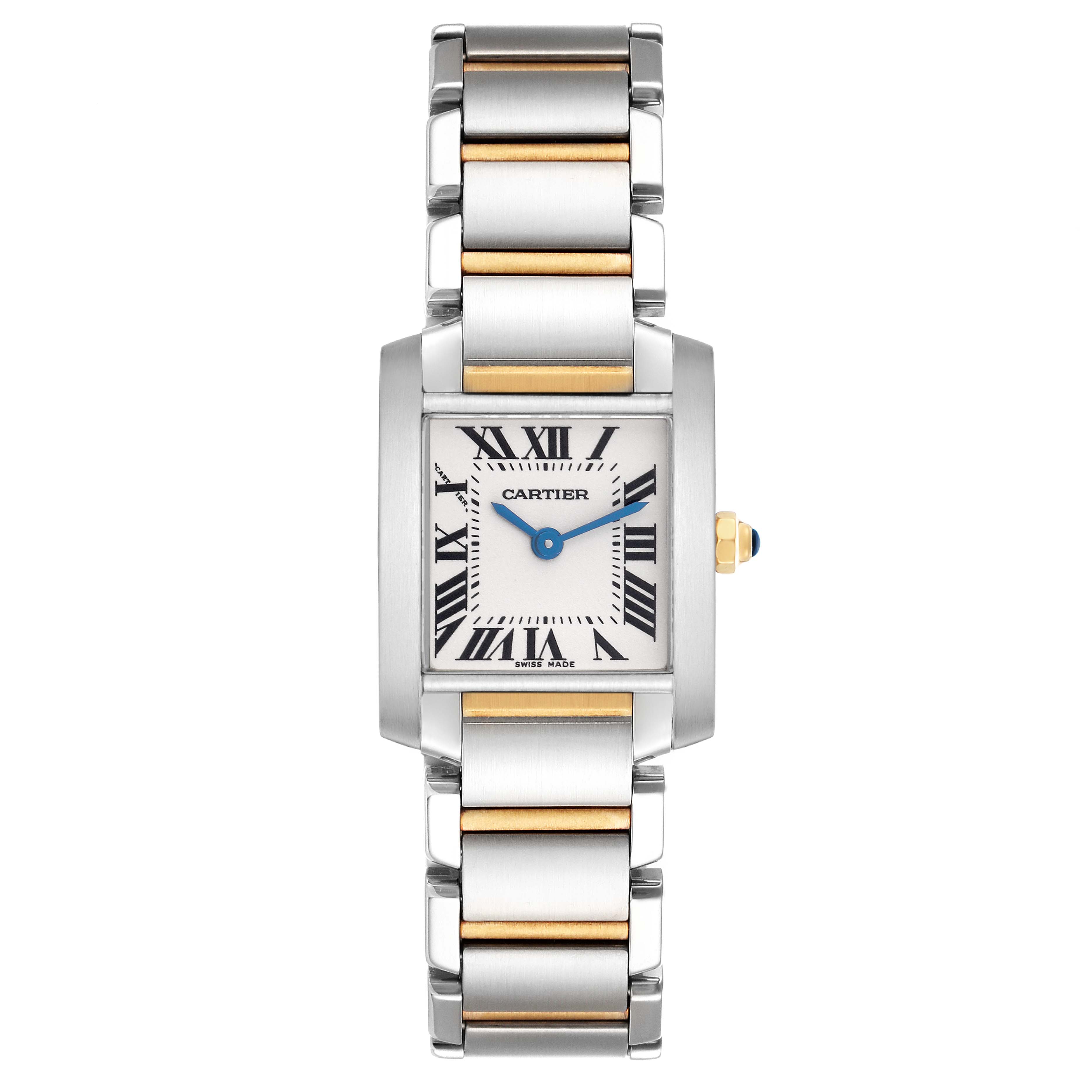 The Cartier Tank Française watch is shown from a top-down angle displaying the face, bezel, and two-tone bracelet.