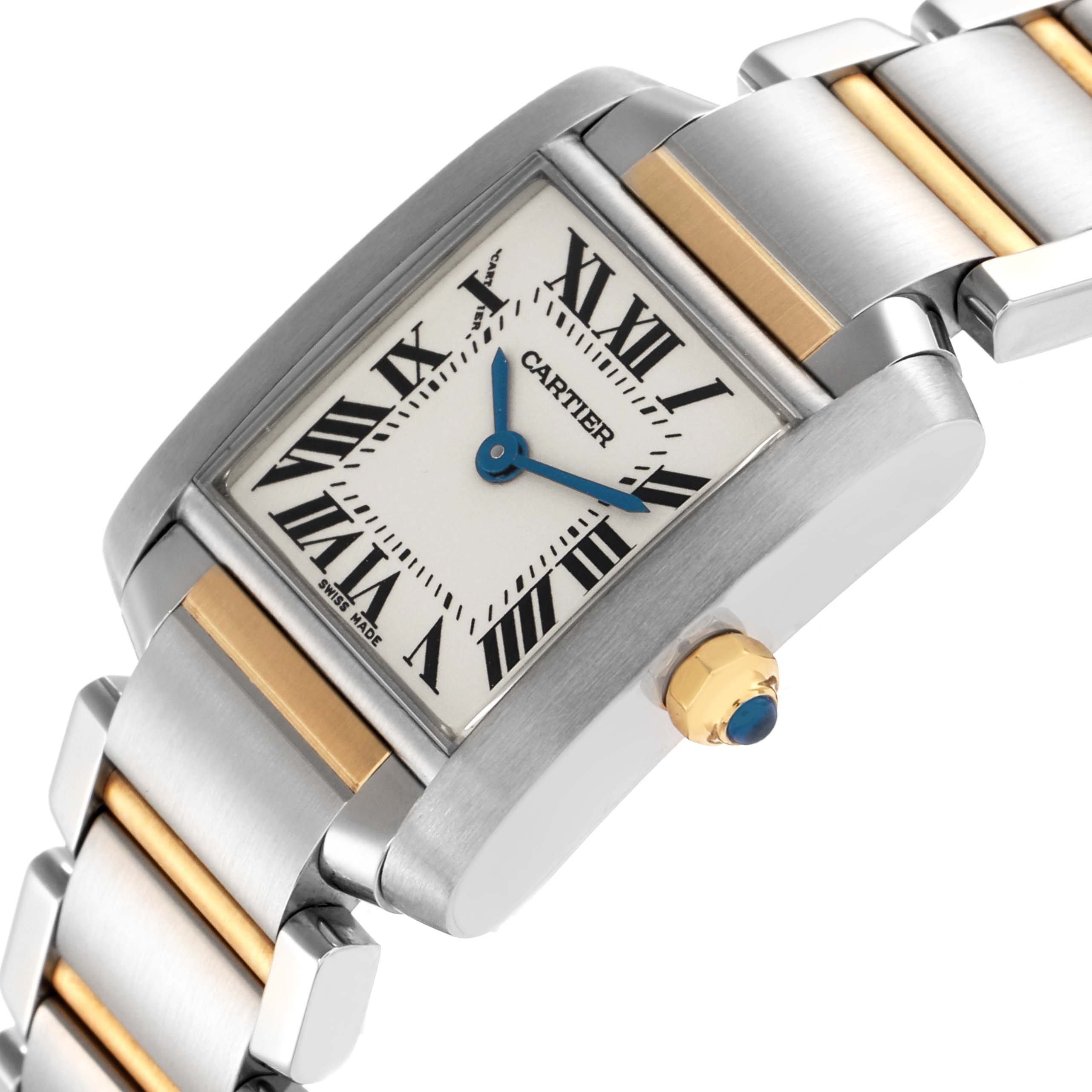 The Cartier Tank Francaise W51007Q4 Women
s Steel and Gold (two tone) Silver Dial watch is shown at an angle highlighting its dial, two-tone bracelet, and crown with a blue gemstone.