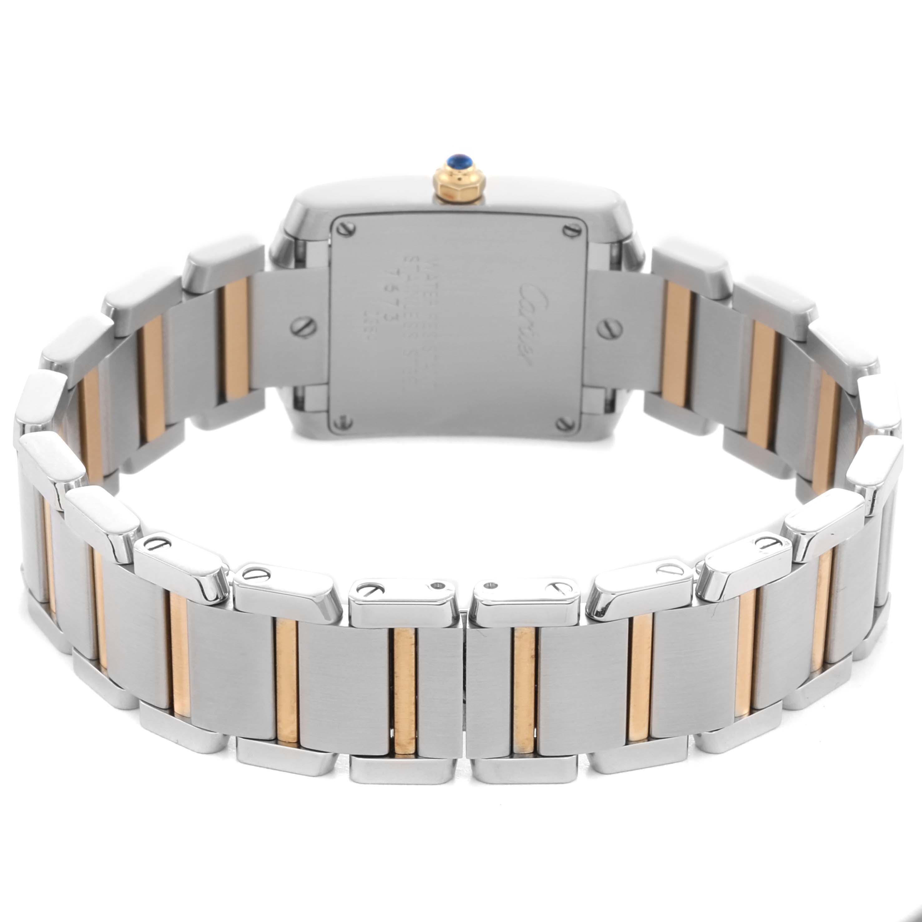 The image shows the back view of a Cartier Tank Française watch, highlighting its two-tone metal bracelet and case back.
