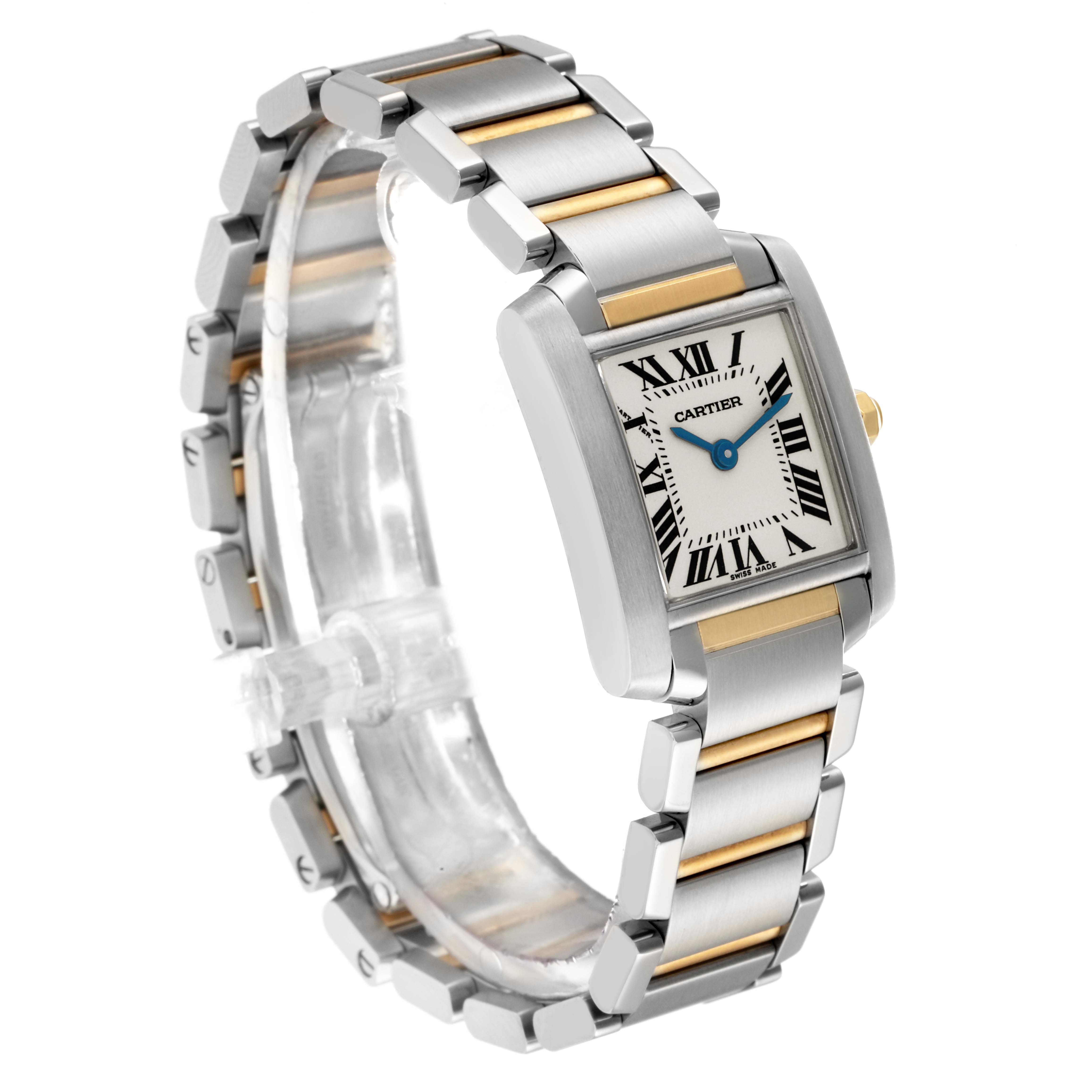 The Cartier Tank Française watch is shown at a three-quarter angle, displaying its rectangular face and metal bracelet.