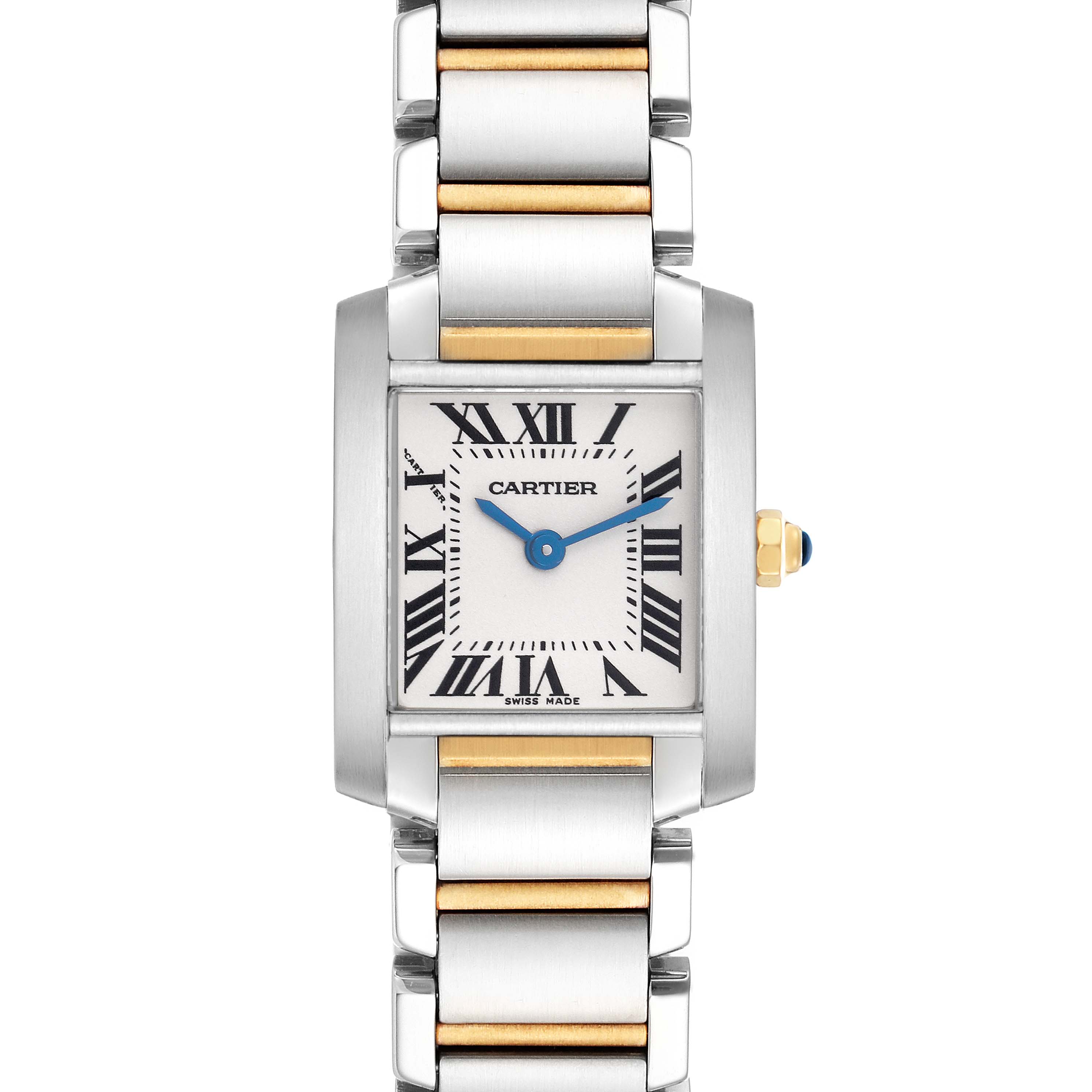The Cartier Tank Française watch is shown from the front, highlighting the dial, case, and two-tone bracelet.

