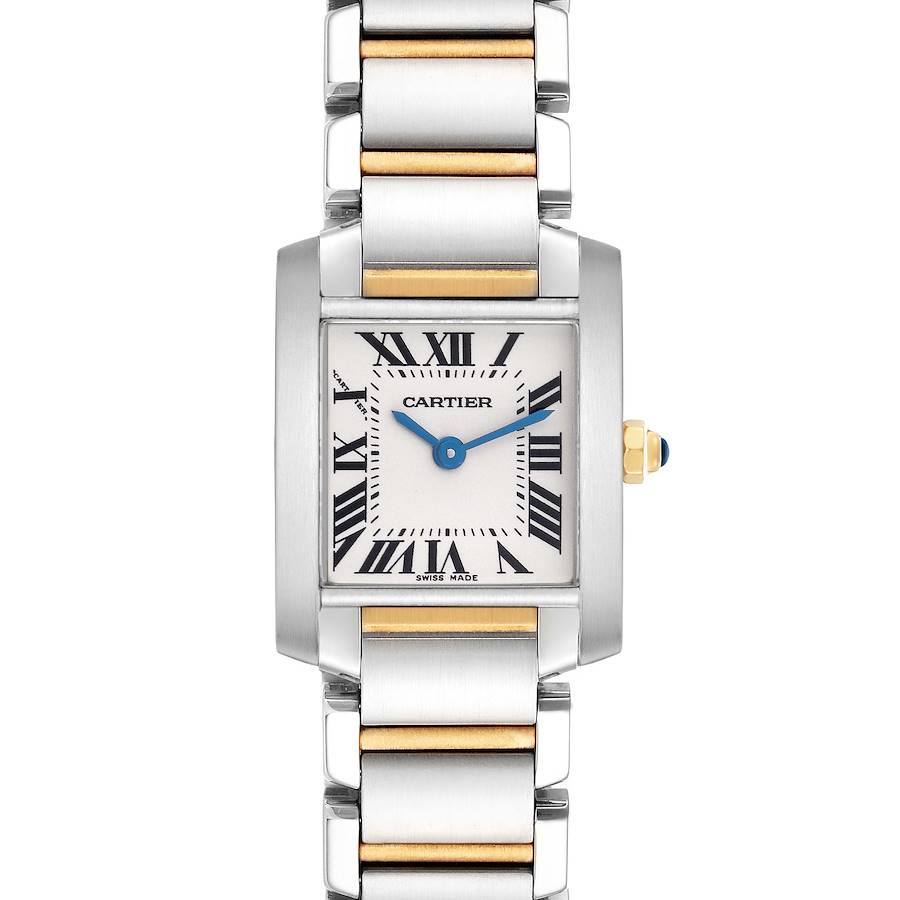 The Cartier Tank Française model W51007Q4 men
s watch is shown from a top-down angle, highlighting the face, rectangular case, and bracelet.
