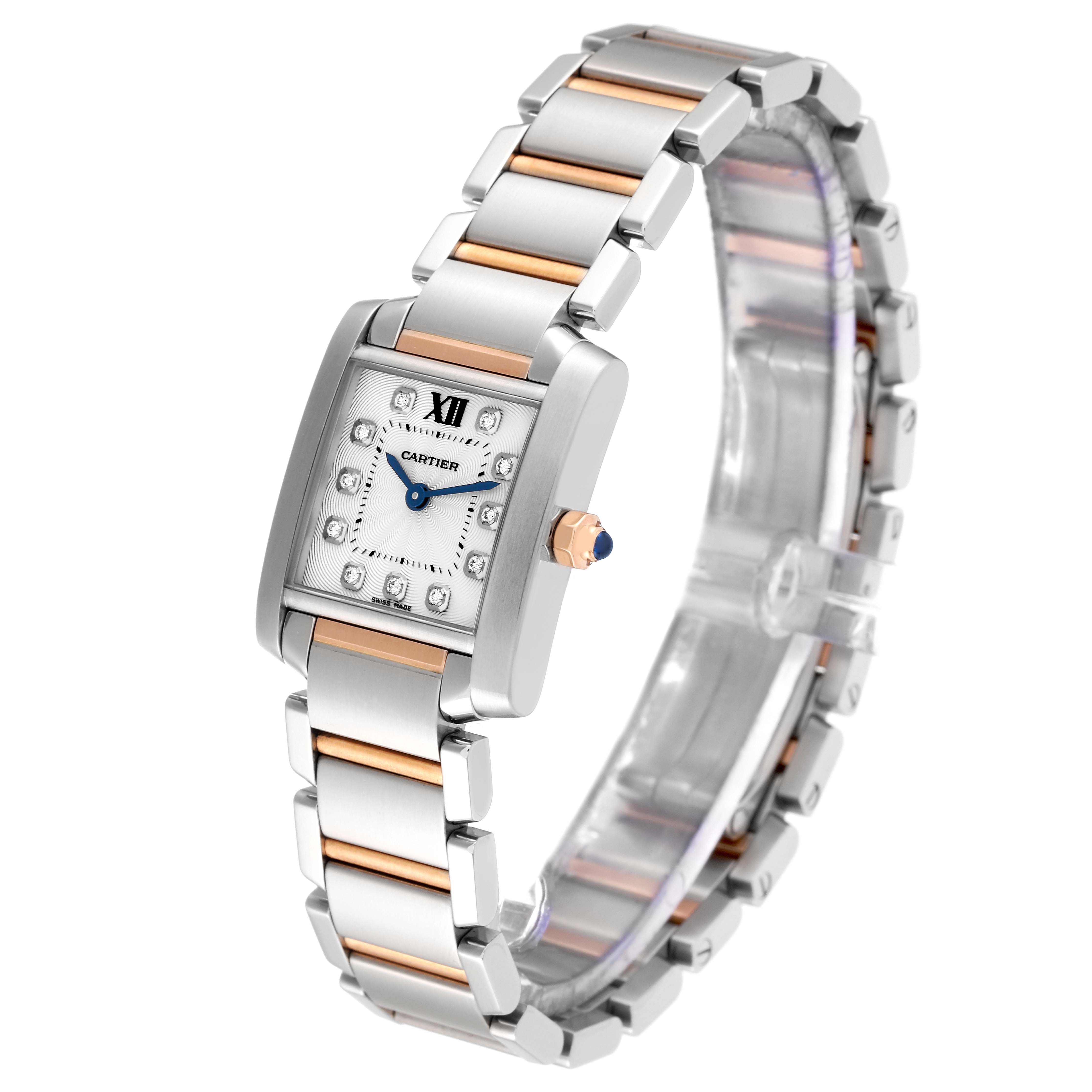 The Cartier Tank Francaise WE110004 Women
s Steel and Gold (two tone) Silver Dial WE110004 Women
s Steel and Gold (two tone) Silver Dial watch is shown at an angled side view, displaying the face, bezel, bracelet, and crown.