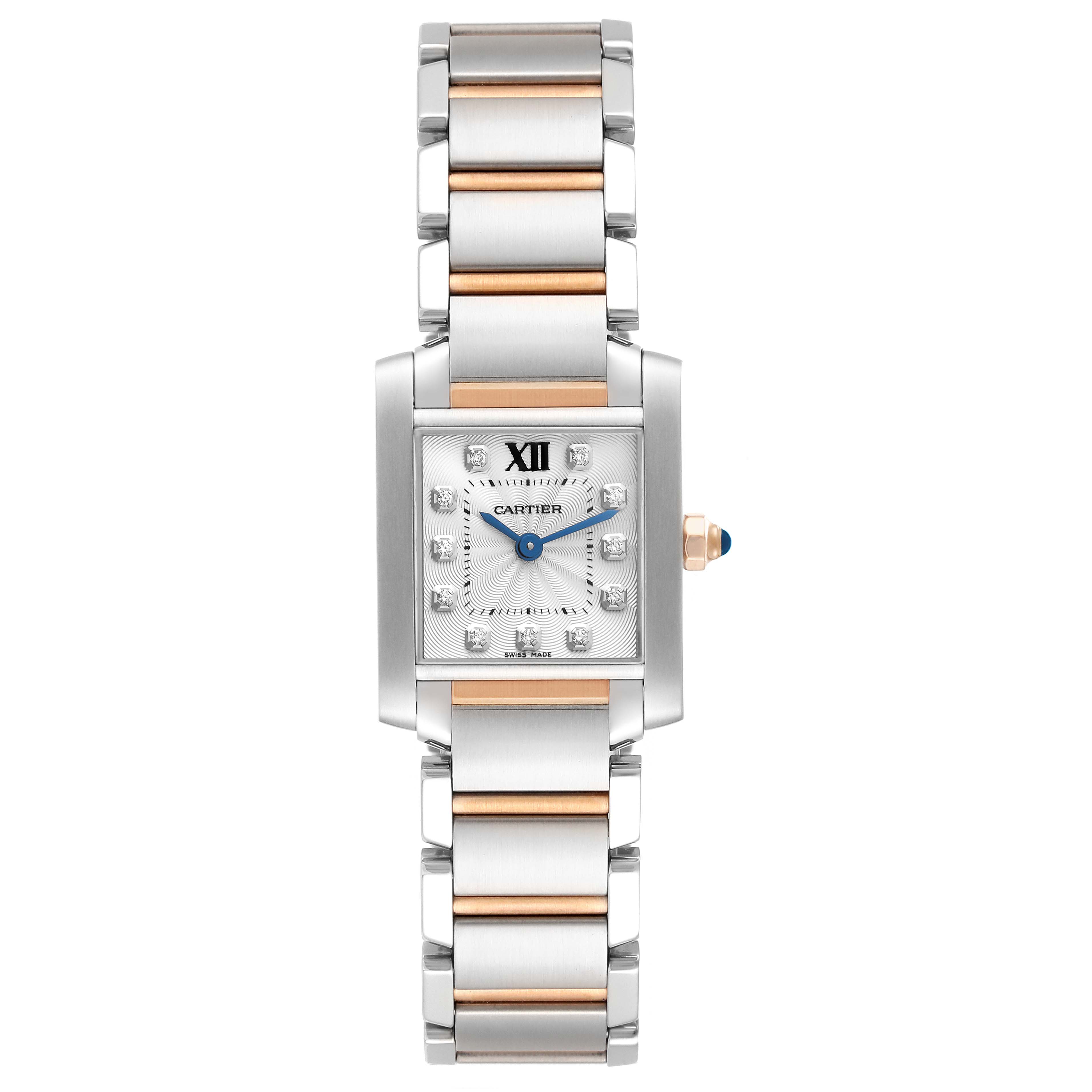 This image shows a direct front view of the Cartier Tank Française watch, highlighting its face, bezel, and bracelet.