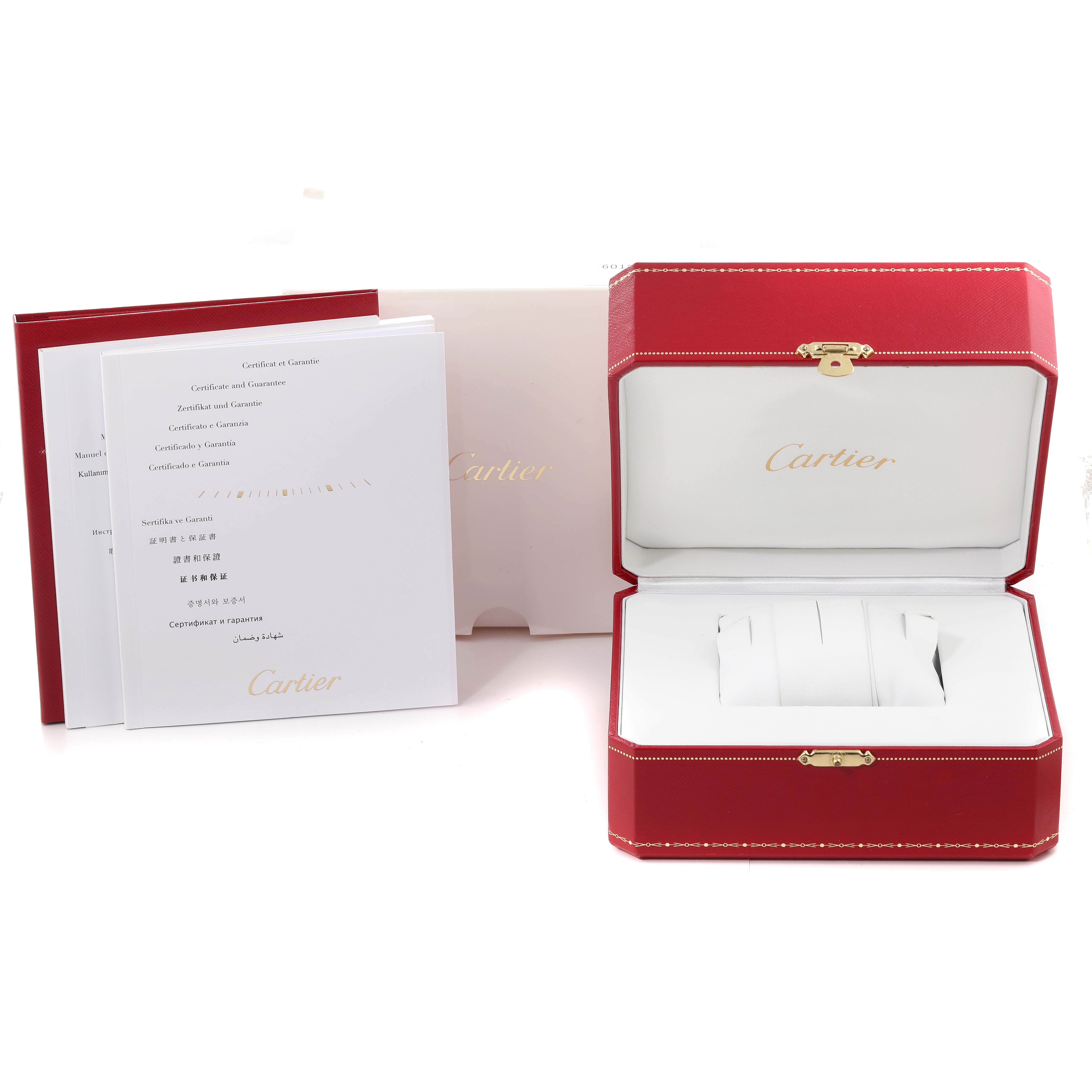 The image shows the packaging and booklets for the Cartier Tank Francaise WE110004 Women
s Steel and Gold (two tone) Silver Dial WE110004 Women
s Steel and Gold (two tone) Silver Dial watch, including a red presentation box and certificates.