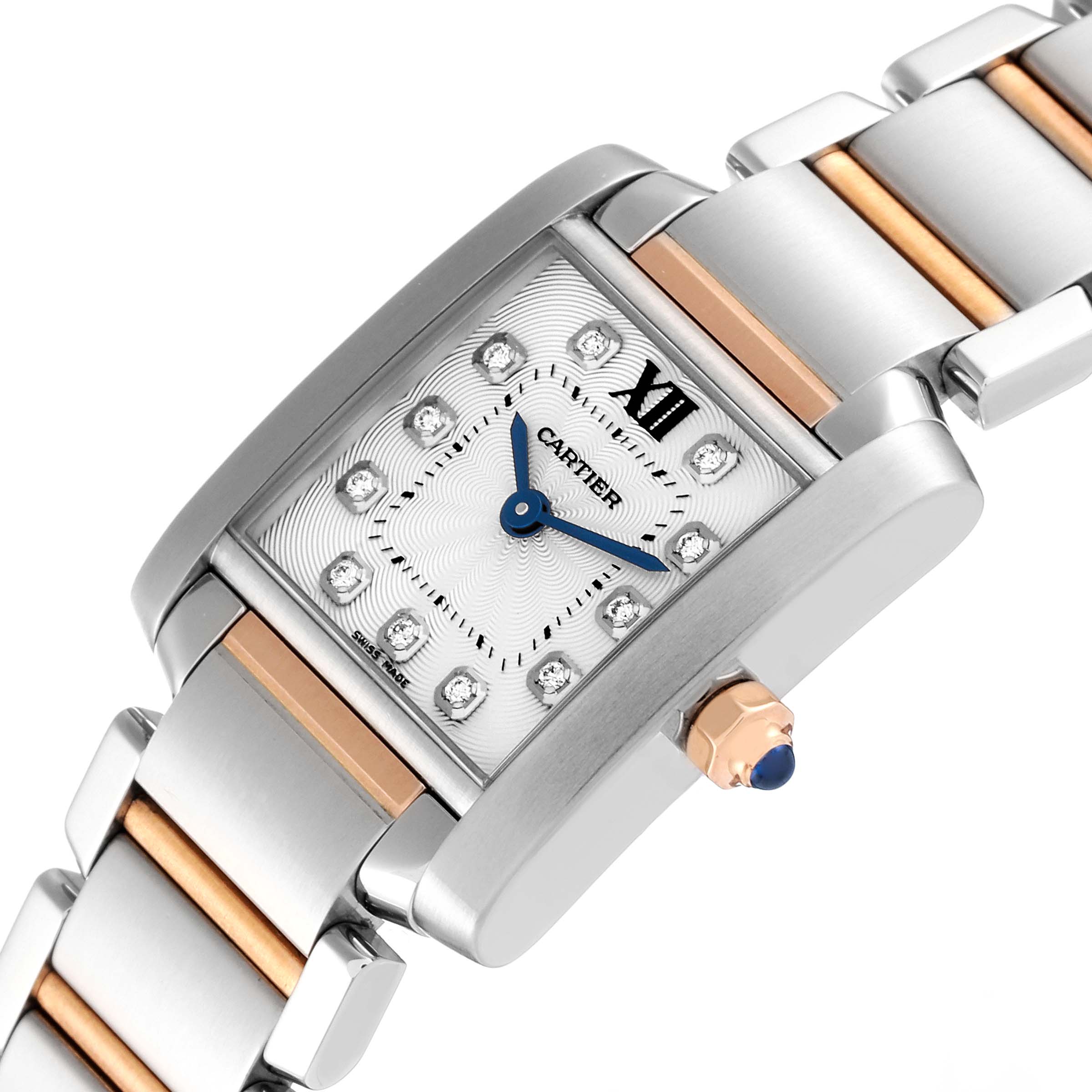 This image shows a close-up, angled view of the Tank Française watch by Cartier, highlighting its face, bezel, and part of the metal bracelet.