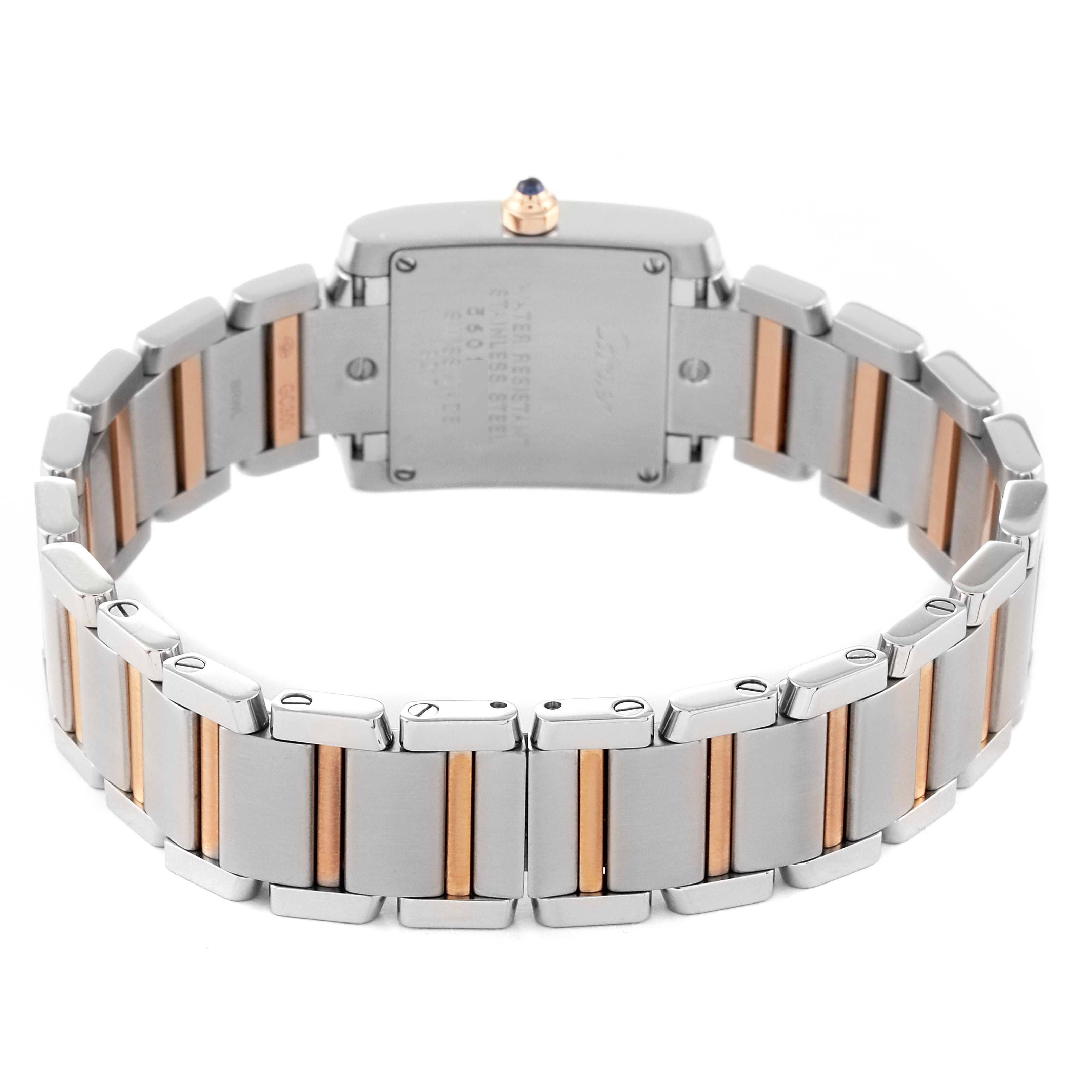 This image shows the back view of a Cartier Tank Francaise WE110004 Women
s Steel and Gold (two tone) Silver Dial WE110004 Women
s Steel and Gold (two tone) Silver Dial watch highlighting its two-tone bracelet.